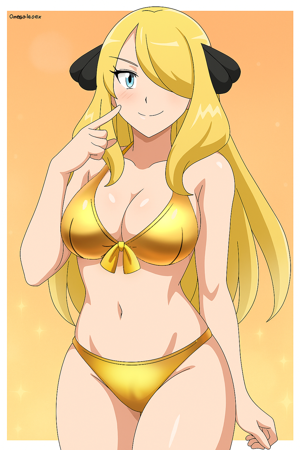 alexkonakona, cynthia (pokemon), nintendo, pokemon, pokemon dppt, commentary, highres, 1girl, alternate breast size (larger), alternate costume, bikini, blonde hair, blue eyes, border, breasts, closed mouth, collarbone, cowboy shot, eyelashes, gold bikini, hair ornament, hair over one eye, hand up, index finger raised, large breasts, long hair, navel, outside border, shiny skin, smile, solo, stomach, swimsuit, white border, yellow background