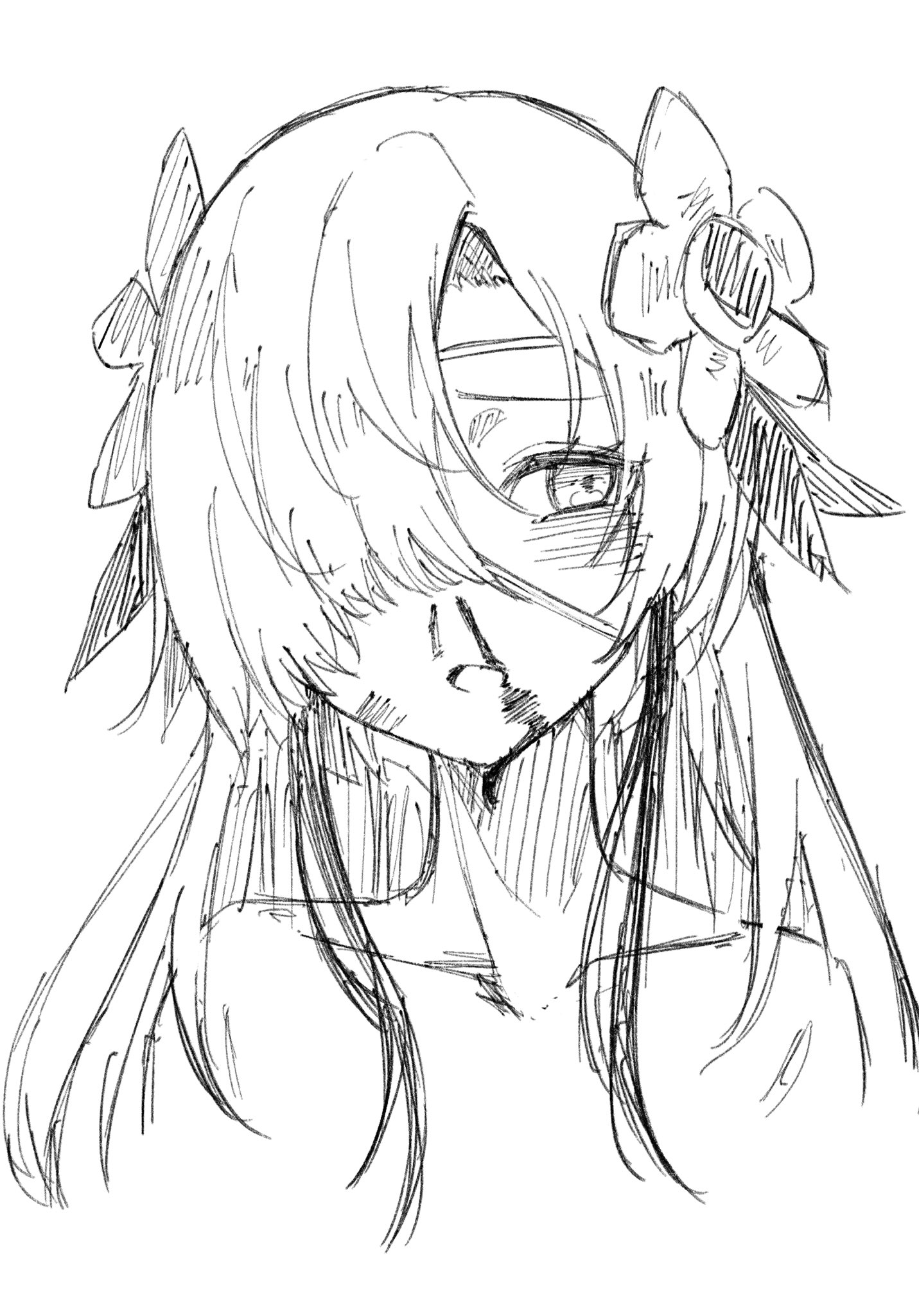tekomaru, isekaijoucho, kamitsubaki studio, highres, 1girl, bleeding, blood, blood on face, flower, greyscale, hair flower, hair ornament, hair over one eye, looking to the side, monochrome, nosebleed, nude, open mouth, simple background, sketch, solo, upper body