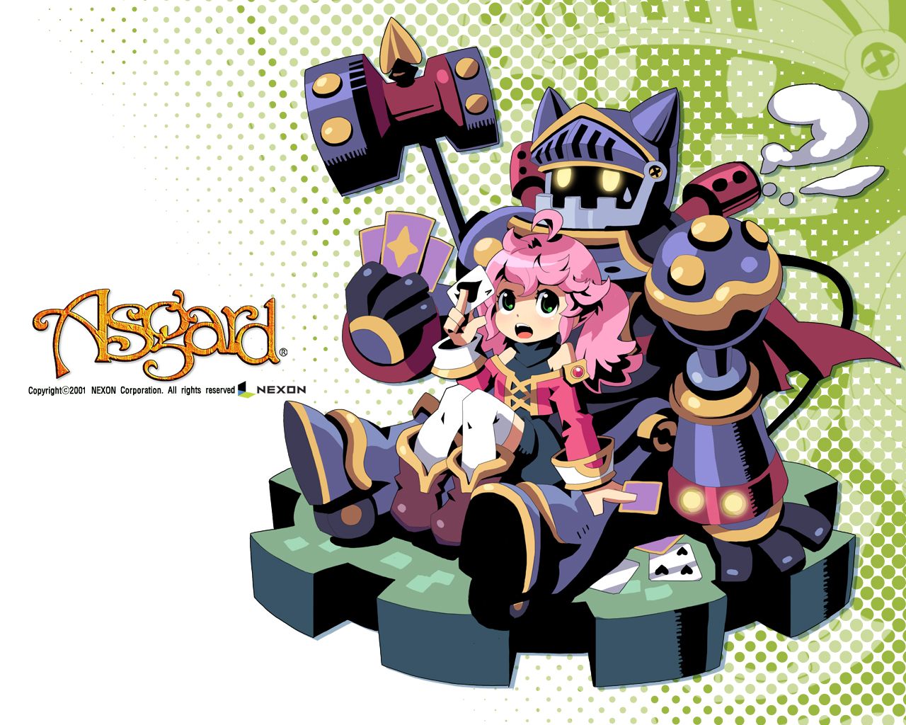 asgard, nexon, artist request, character request, official art, official wallpaper, second-party source, 1girl, 2001, ace (playing card), ace of spades, ahoge, animal ears, ankle boots, armor, bare shoulders, black mouth, black romper, bolt (hardware), boots, card, company name, copyright name, copyright notice, cropped jacket, cross-laced jacket, dated, fake horns, fewer digits, four of hearts, full armor, gears, gem, glowing, glowing eyes, green background, green eyes, halftone, halftone background, helm, helmet, high contrast, holding, holding card, horned helmet, horns, legs together, living armor, logo, long hair, looking at another, mallet, off-shoulder jacket, off shoulder, open mouth, pigeon-toed, playing card, projected inset, red gemstone, romper, simple background, sleeve cuffs, sleeveless, sleeveless romper, spade (shape), steam, strapless jacket, teeth, thighhighs, tongue, turtleneck, turtleneck romper, twintails, two-tone background, upper teeth only, upturned eyes, white background, white thighhighs, yellow eyes