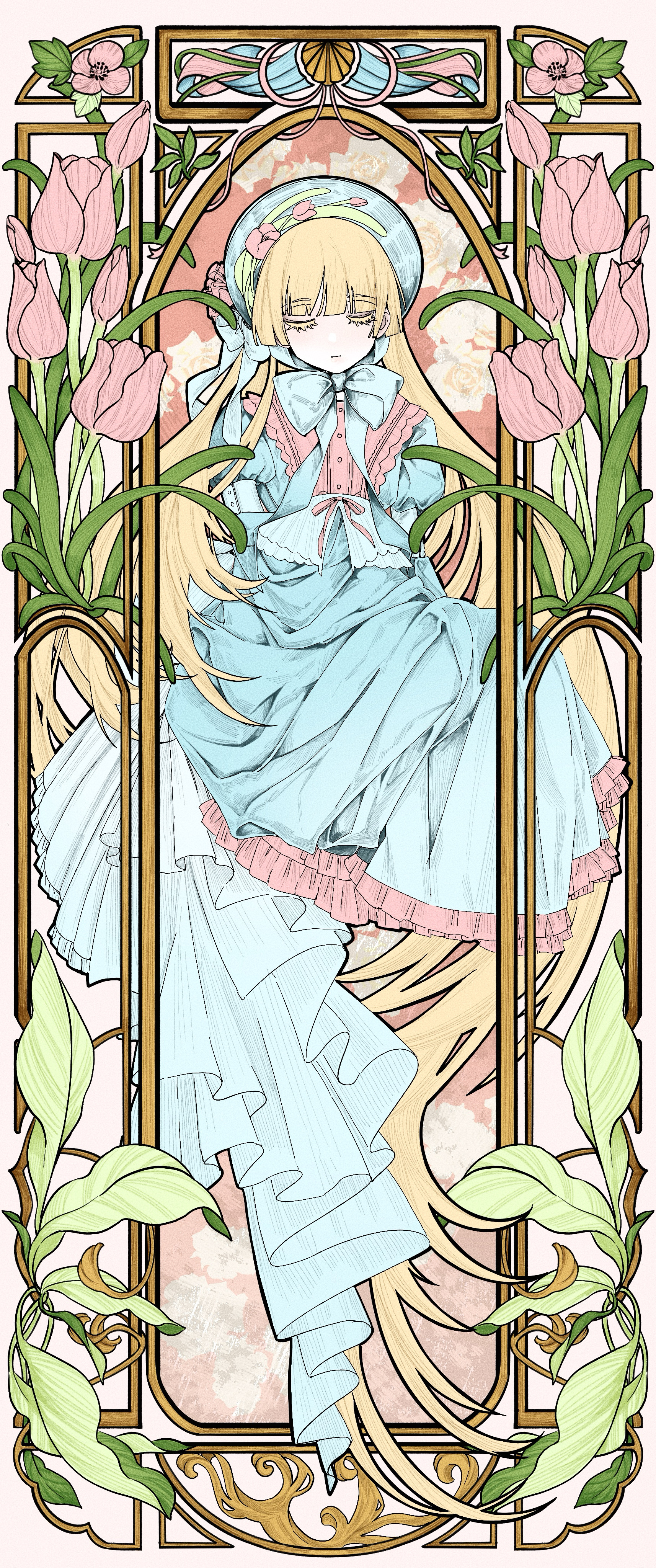 ergou77897, victorica de blois, gosick, absurdres, commentary, hashtag-only commentary, highres, 1girl, aqua bow, aqua dress, aqua hat, art nouveau, blonde hair, blunt bangs, blunt sidelocks, bow, closed eyes, dress, facing viewer, flat color, flower, full body, gothic lolita, hat, lolita fashion, long hair, pink flower, pink tulip, sidelocks, solo, tulip, very long hair, white flower