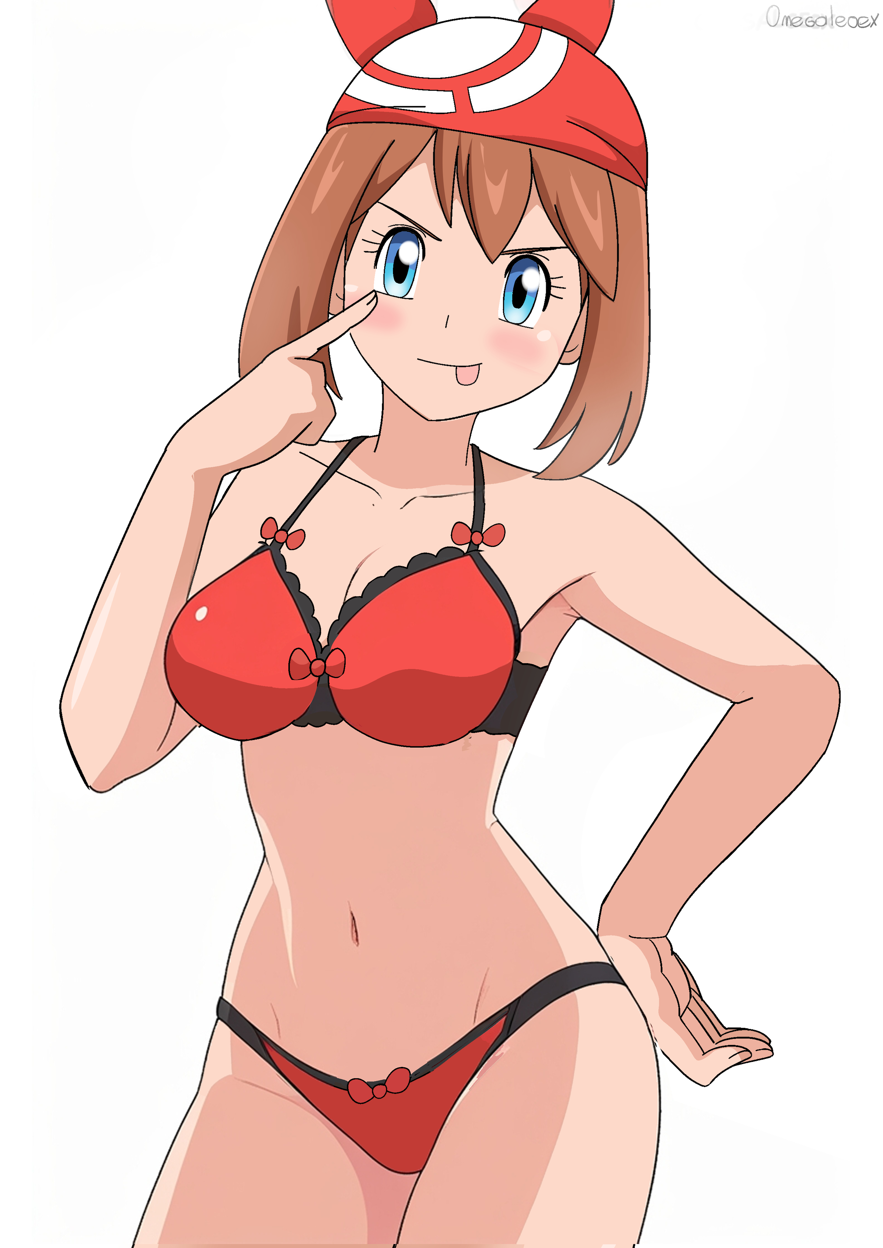 alexkonakona, may (pokemon), nintendo, pokemon, pokemon oras, absurdres, highres, 1girl, :p, akanbe, bandana, blue eyes, bra, breasts, brown hair, cleavage, cowboy shot, eyelid pull, hand on own hip, index finger raised, looking at viewer, medium breasts, navel, panties, red bandana, red bra, red panties, simple background, solo, stomach, tongue, tongue out, underwear, underwear only, v-shaped eyebrows, white background