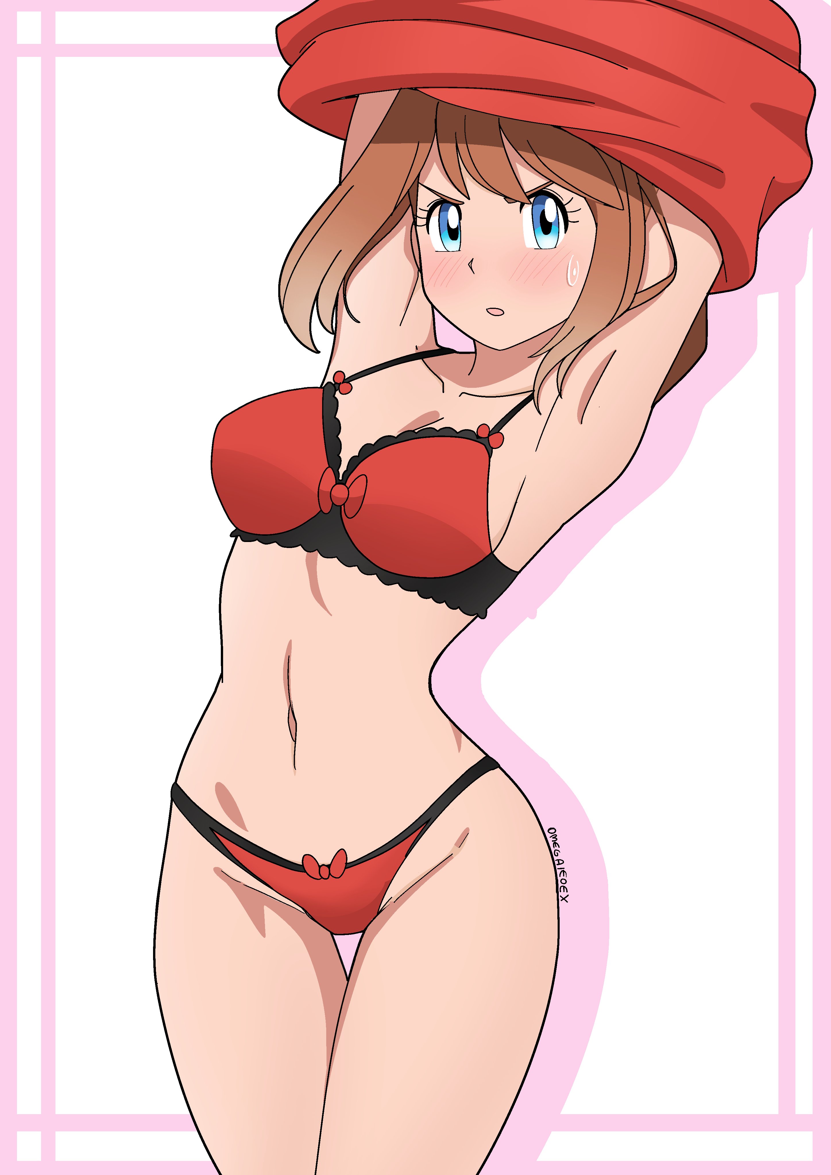 alexkonakona, may (pokemon), nintendo, pokemon, pokemon oras, absurdres, highres, revision, 1girl, armpits, arms up, blue eyes, breasts, brown hair, clothes lift, groin, lifting own clothes, looking at viewer, medium breasts, navel, shirt lift, solo, stomach, sweatdrop, thigh gap, thighs, undressing, v-shaped eyebrows