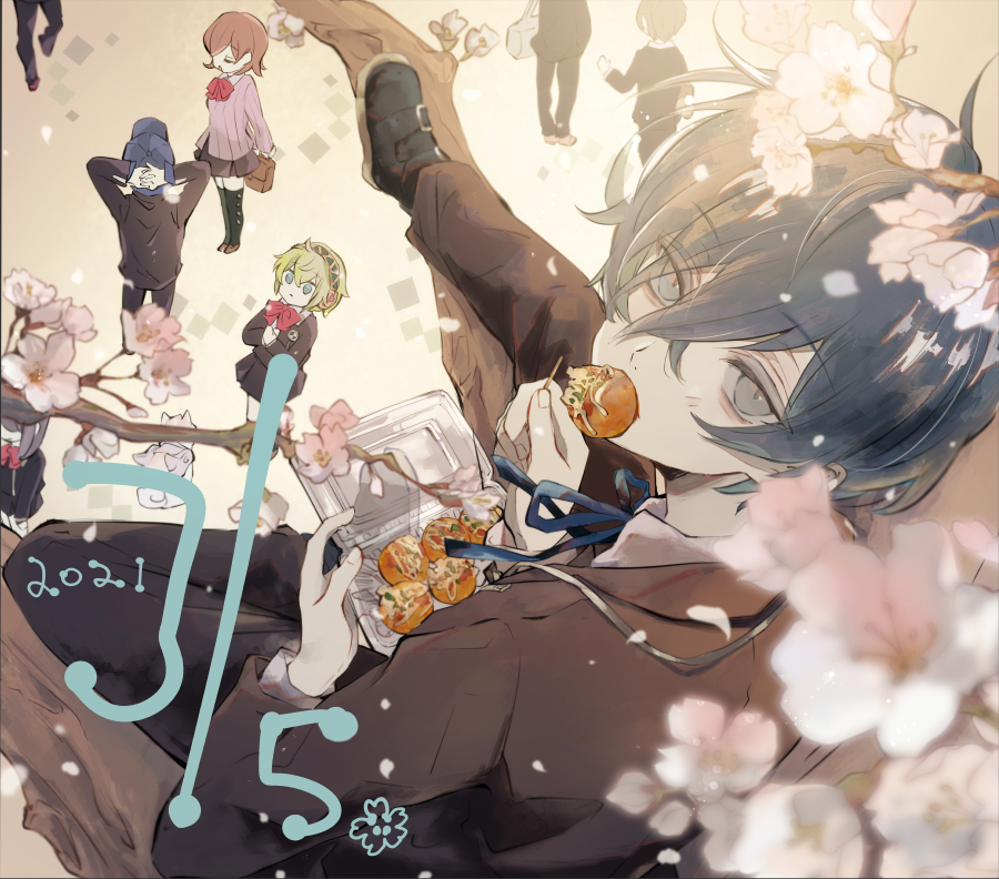 sumino suito, aigis (persona), iori junpei, takeba yukari, yuuki makoto (persona 3), persona, persona 3, commentary request, 2boys, 2girls, black jacket, black pants, black shoes, blue eyes, blue hair, blue ribbon, blurry, blurry foreground, cherry blossoms, crossed bangs, dated, food, food in mouth, from above, full body, hair between eyes, in tree, jacket, looking at viewer, looking up, male focus, multiple boys, multiple girls, pants, people, ribbon, shoes, short hair, sitting, sitting in tree, takoyaki, tree, turning head