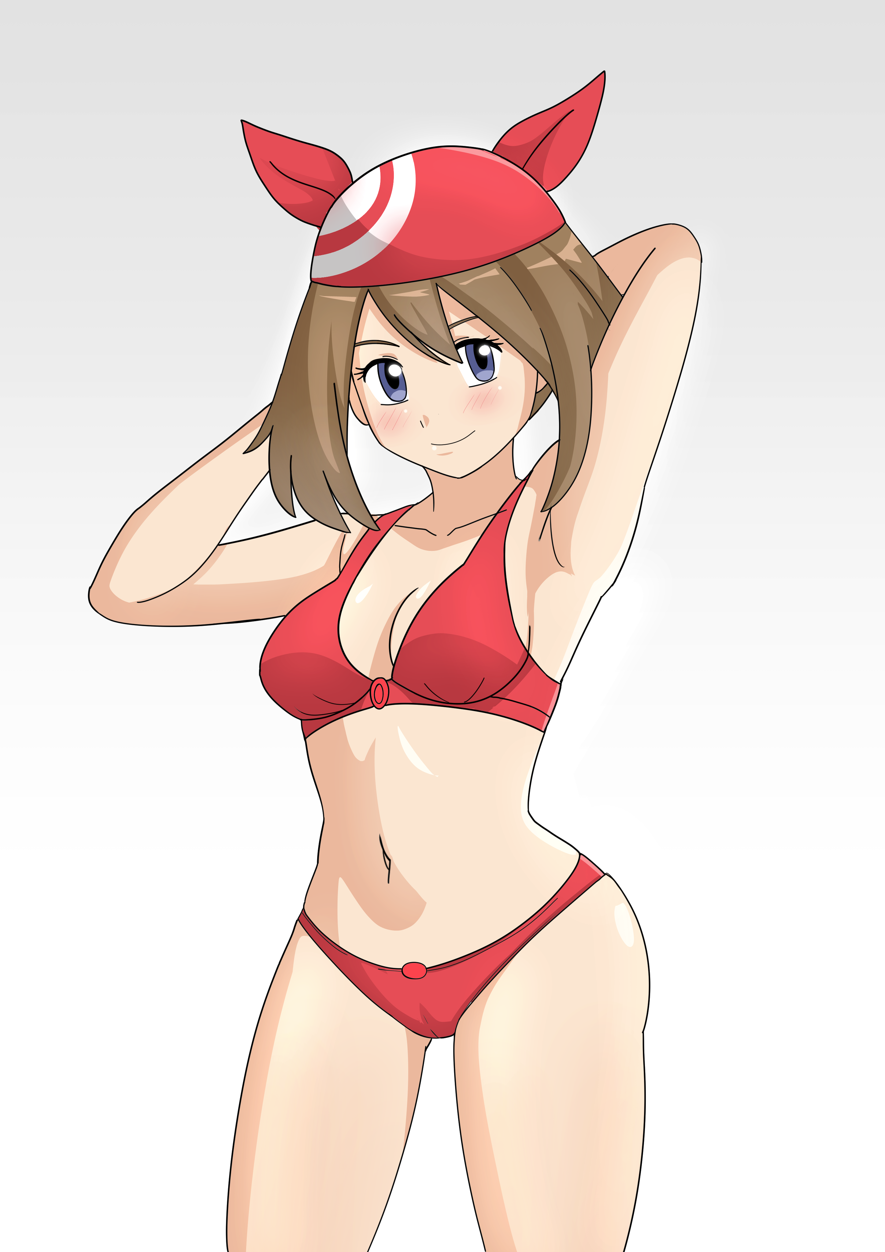 alexkonakona, may (pokemon), nintendo, pokemon, pokemon oras, absurdres, highres, 1girl, armpits, arms up, bandana, bikini, blue eyes, blush, breasts, brown hair, cleavage, closed mouth, cowboy shot, grey background, looking at viewer, medium breasts, navel, red bandana, red bikini, simple background, smile, solo, swimsuit