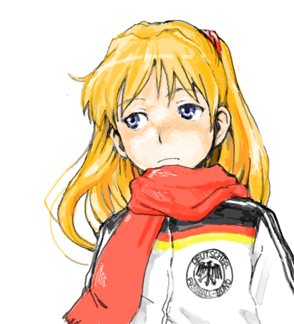 tamaoki benkyou, souryuu asuka langley, neon genesis evangelion, bad id, bad pixiv id, duplicate, translated, blonde hair, blue eyes, germany, jacket, long hair, scarf