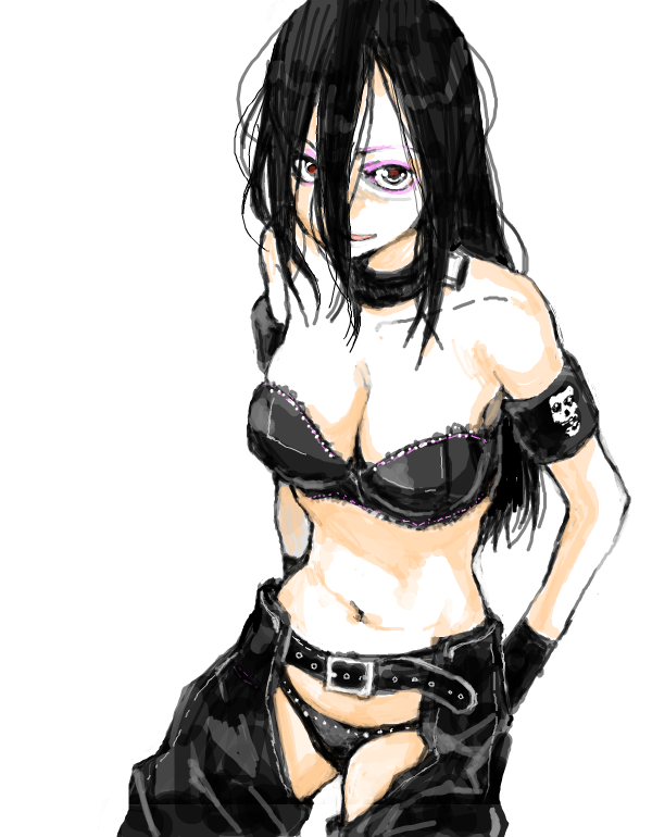 tamaoki benkyou, misfits, original, bad id, bad pixiv id, 1girl, armband, arms behind back, bare shoulders, belt, black hair, bra, breasts, bustier, chaps, cleavage, collar, eyeshadow, female focus, hair over eyes, hair over face, large breasts, lingerie, long hair, makeup, navel, panties, pants, red eyes, simple background, smile, solo, underwear