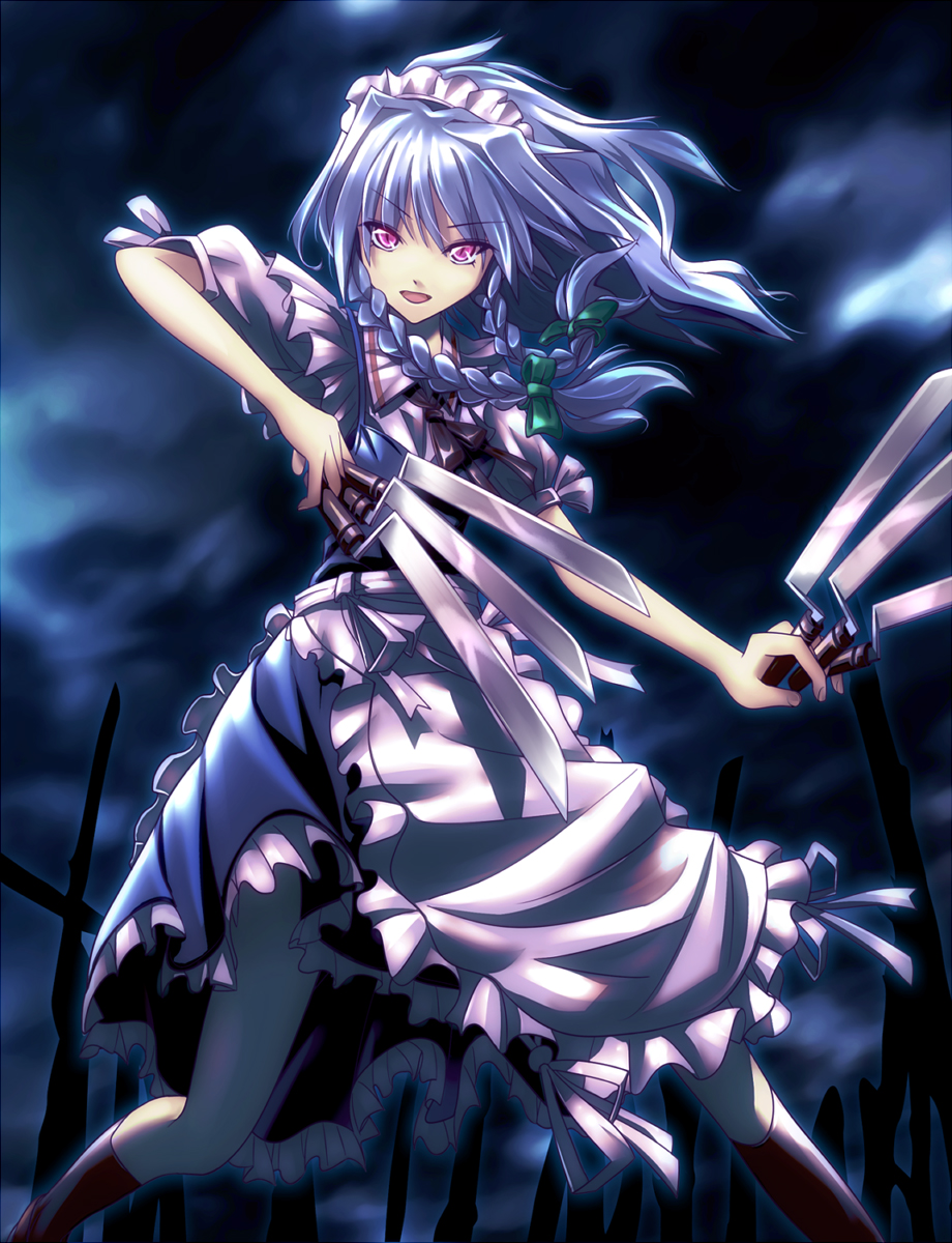 shirosa, izayoi sakuya, embodiment of scarlet devil, hellsing, touhou, silver hair, highres, 1girl, apron, bayonet, between fingers, dark, female focus, fighting stance, hairband, holding, knife, looking at viewer, maid, maid apron, maid headdress, night, purple eyes, red eyes, ribbon, short hair, slit pupils, smile, solo, standing, throwing knife, waist apron, weapon