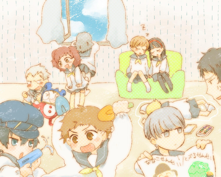 koujou no bihin, adachi tooru, doujima nanako, hanamura yousuke, izanami (persona), kujikawa rise, kuma (persona 4), narukami yu, satonaka chie, shirogane naoto, tatsumi kanji, atlus, persona, persona 4, bad id, bad pixiv id, 4boys, 5girls, aged down, alternate costume, cabbage, cloud, everyone, indoors, kindergarten, kindergarten teacher, kindergarten uniform, multiple boys, multiple girls, sailor collar, sky, window, zzz