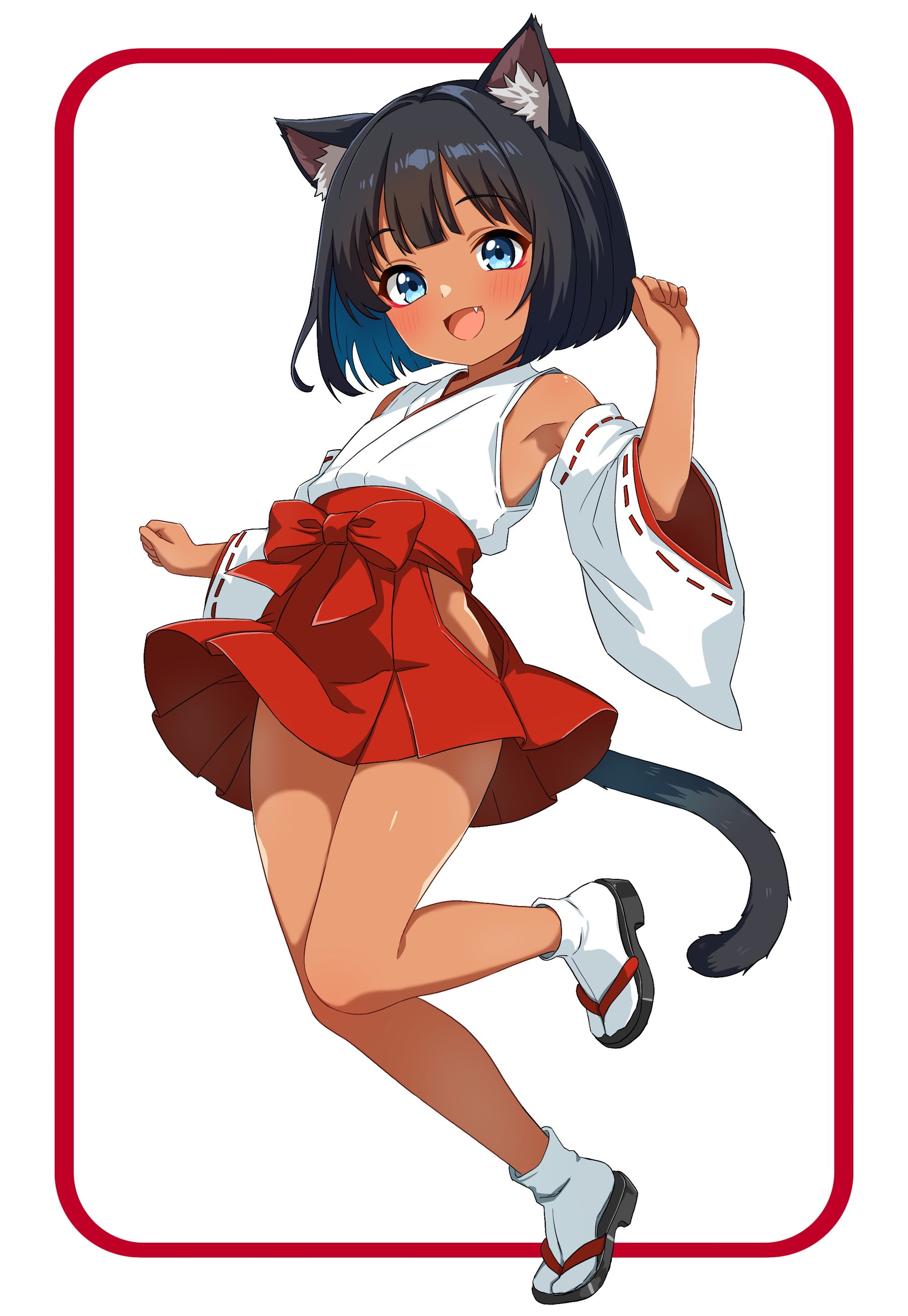alpaca no otouto, original, absurdres, commentary, highres, 1girl, animal ear fluff, animal ears, arm up, armpits, black hair, blue eyes, blue hair, blush, bow, cat ears, cat girl, cat tail, clothing cutout, colored inner hair, dark-skinned female, dark skin, detached sleeves, eyeliner, fang, full body, hip vent, makeup, multicolored hair, nontraditional miko, open mouth, red bow, red eyeliner, red skirt, sandals, shirt, short hair, simple background, skirt, skirt cutout, smile, socks, solo, standing, standing on one leg, tail, white background, white shirt, white socks, zouri