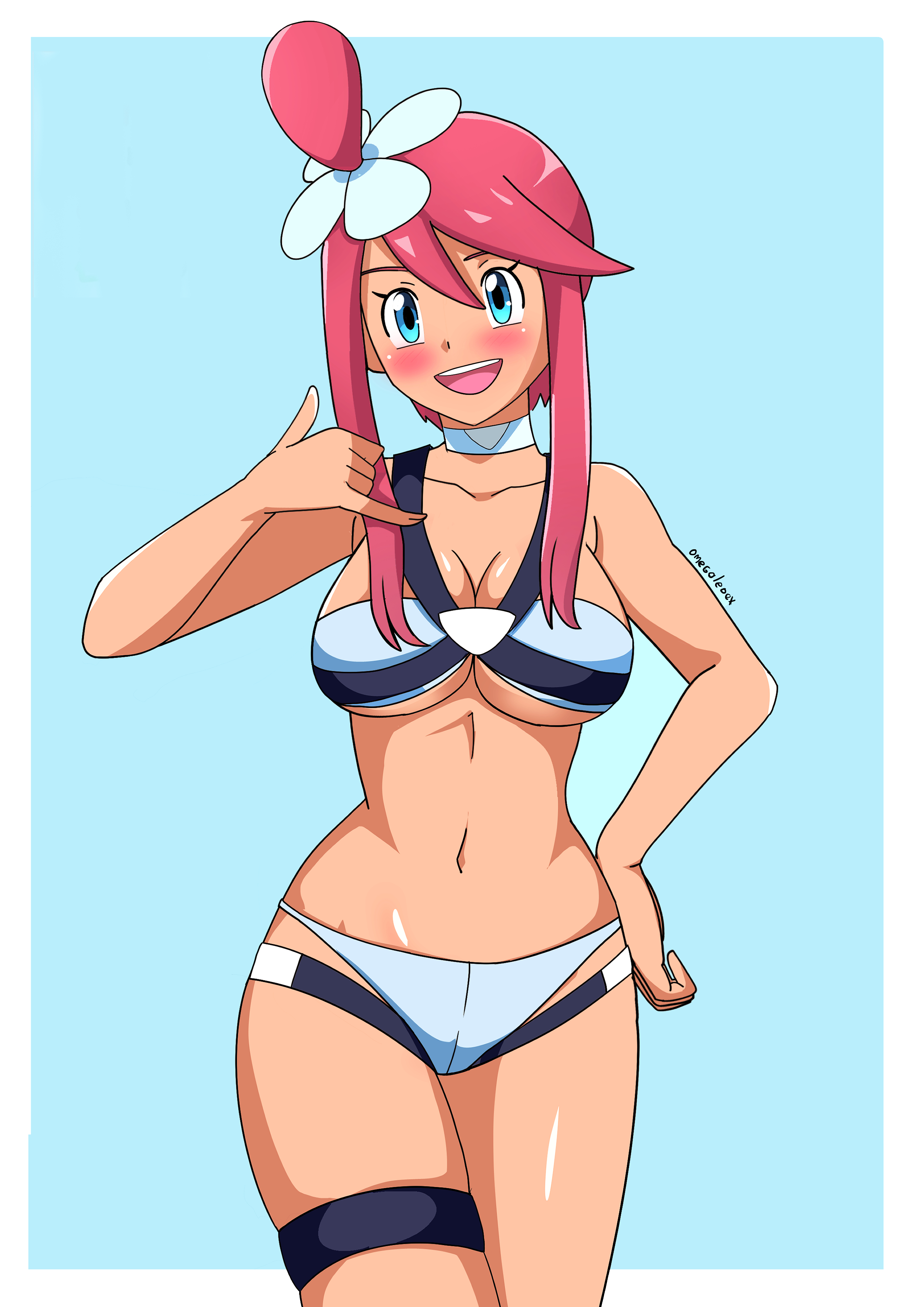 alexkonakona, skyla (pokemon), nintendo, pokemon, pokemon bw, absurdres, highres, 1girl, :d, bikini, blue background, blue bikini, blue eyes, blush, border, breasts, choker, cleavage, collarbone, cowboy shot, dark-skinned female, dark skin, gesture, hair ornament, hand on own hip, hand up, large breasts, looking at viewer, navel, one side up, open mouth, red hair, sidelocks, smile, solo, stomach, swimsuit, thigh strap, white border