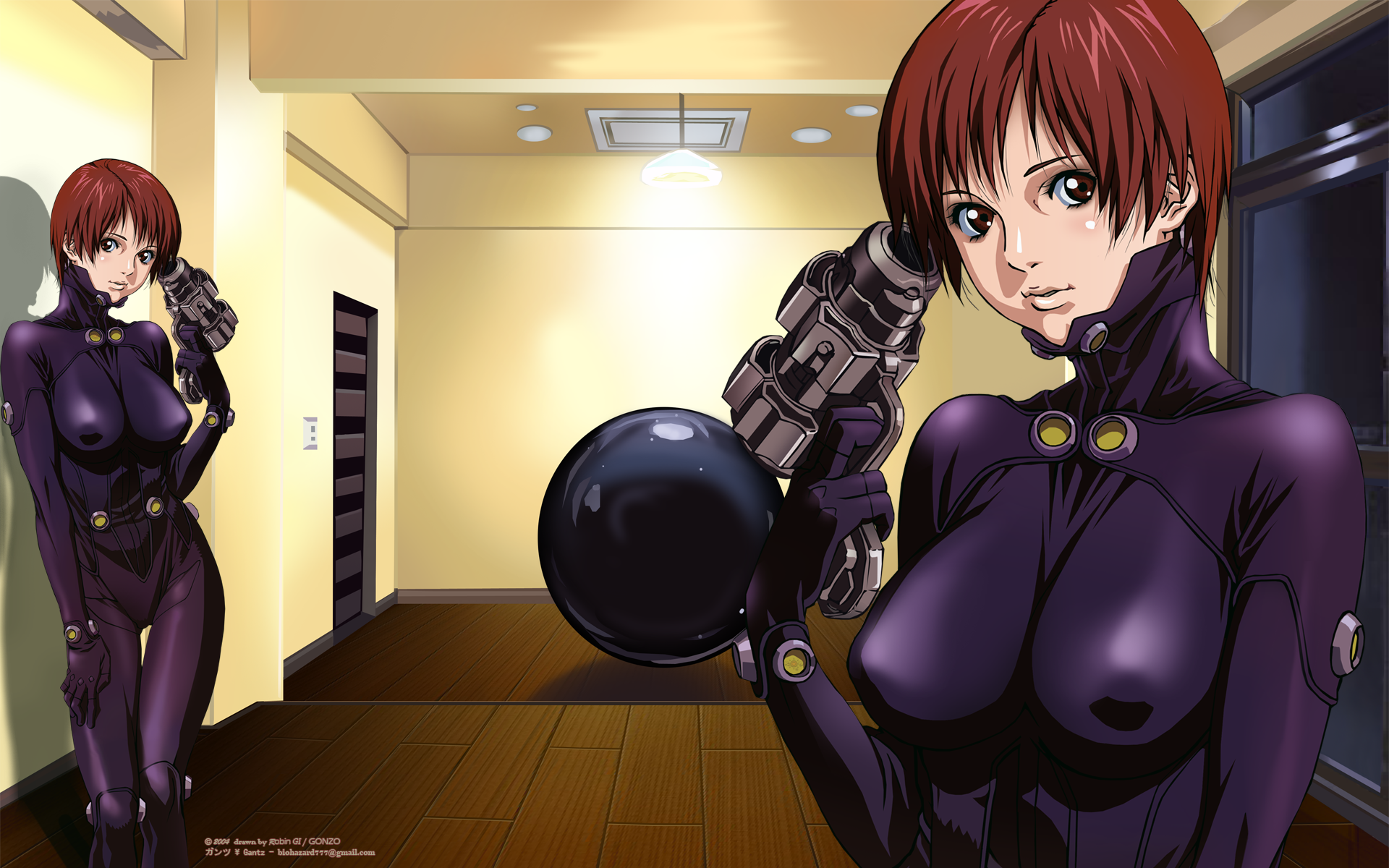 robingi, kishimoto kei, gantz, highres, official art, third-party edit, 00s, 1girl, at gunpoint, bodysuit, brown eyes, brown hair, curvy, gantz suit, gun, gun to head, holding, holding gun, holding weapon, purple bodysuit, red hair, short hair, skin tight, suicide, weapon, wide hips, x-gun