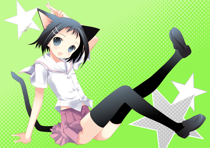 tokumi yuiko, ikeda kana, saki-saki, saki (manga), bad id, bad pixiv id, 00s, animal ears, cat ears, cat tail, legs, skirt, solo, tail, thighhighs