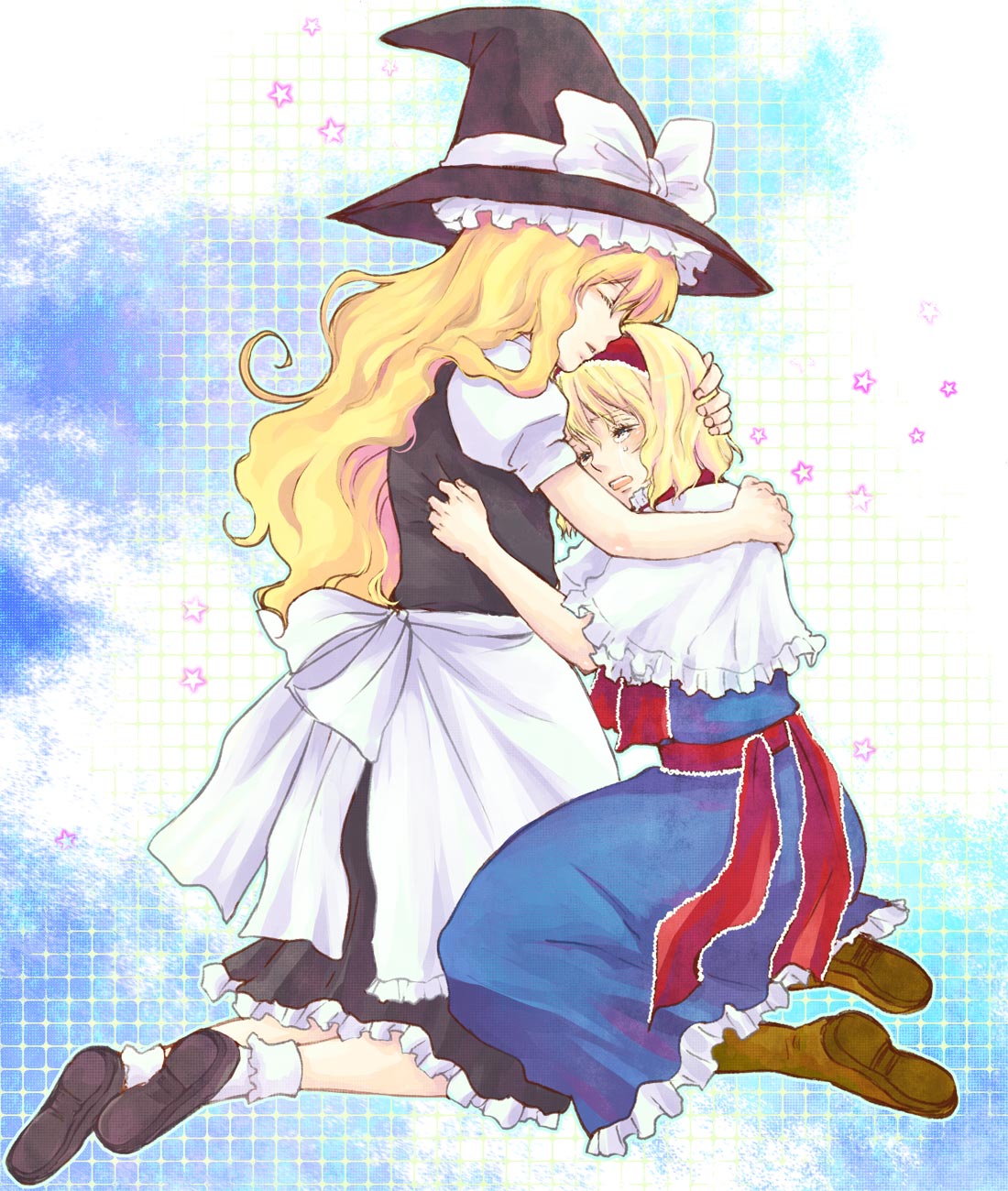 sarukimo, alice margatroid, kirisame marisa, touhou, highres, 2girls, blonde hair, boots, closed eyes, dress, female focus, full body, gradient background, hairband, hat, long hair, multiple girls, ribbon, short hair, star (symbol), tears, white background, witch, witch hat