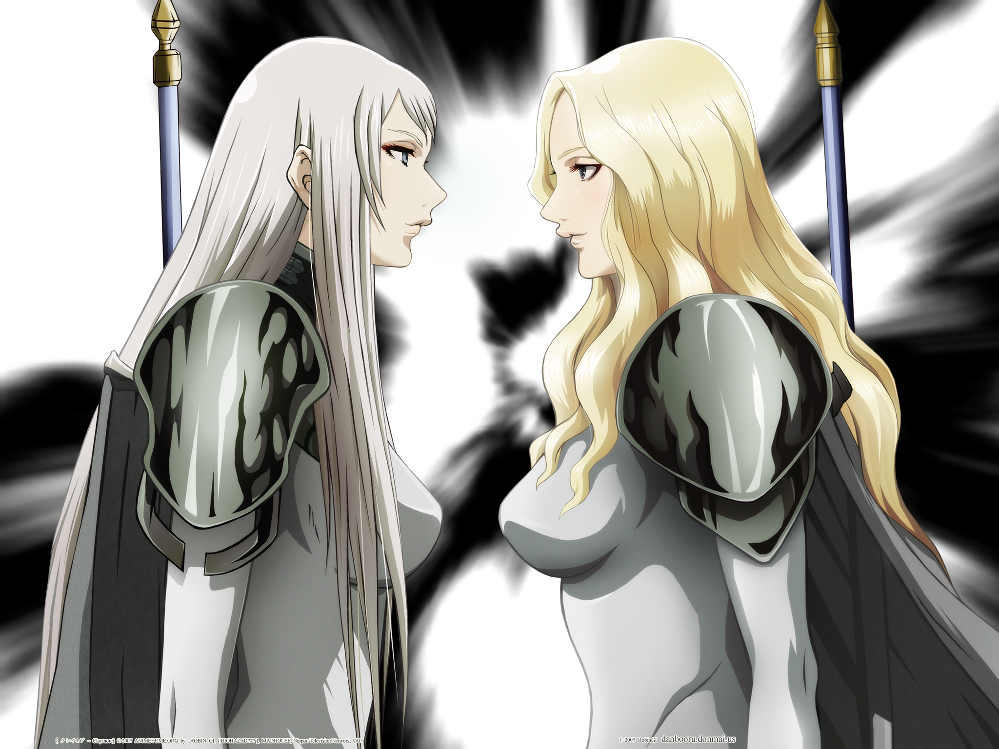 robingi, galatea, teresa, claymore (series), highres, 00s, 2girls, armor, blonde hair, cape, claymore (sword), long hair, multiple girls, sword, weapon, white hair
