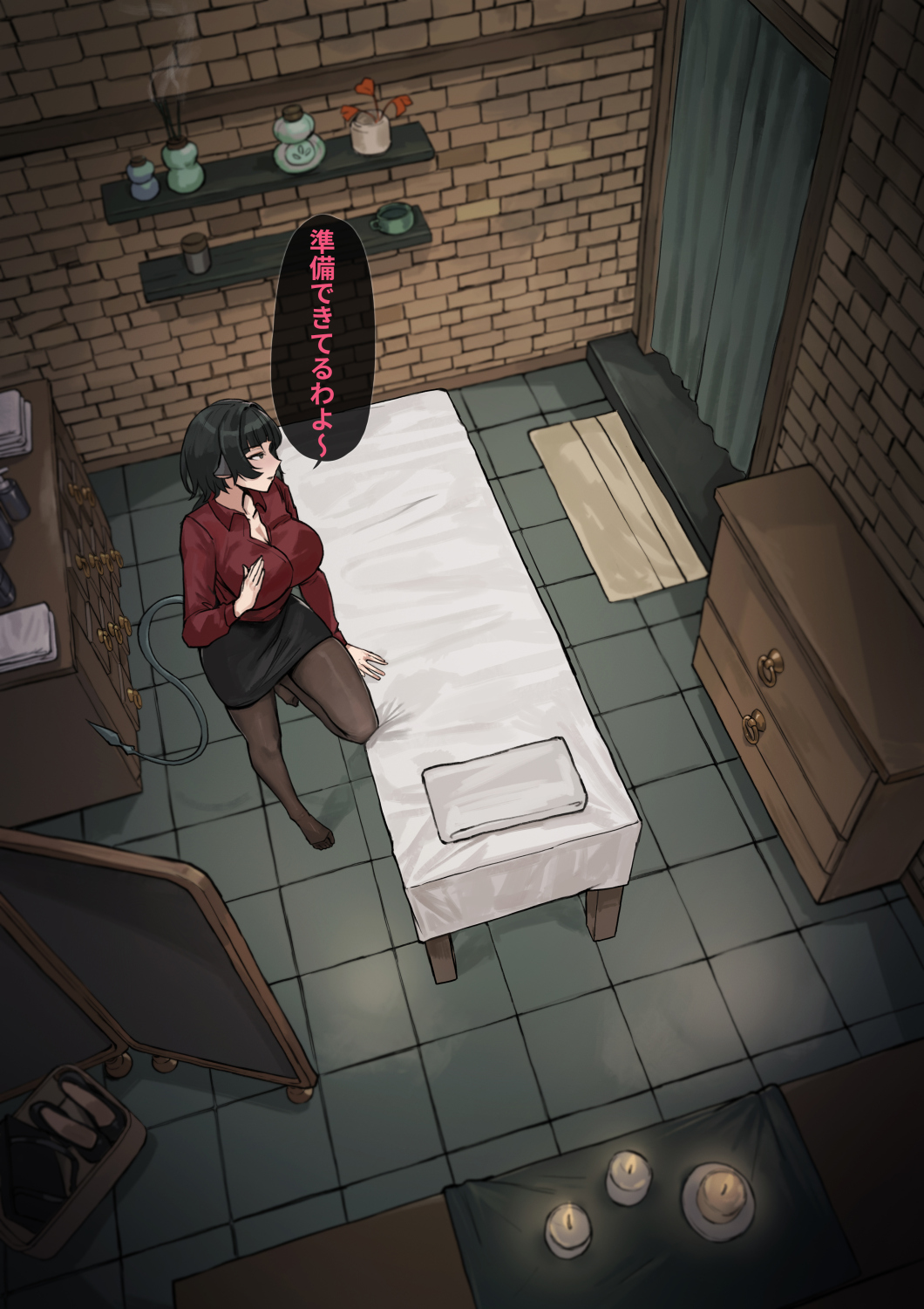 frozen spider lily, jane doe (zenless zone zero), zenless zone zero, highres, paid reward available, translated, 1girl, animal ears, black hair, black pantyhose, black shoes, black skirt, breasts, fixed-point camera, high heels, indoors, large breasts, long hair, massage table, mouse ears, mouse girl, mouse tail, pantyhose, pencil skirt, red shirt, shirt, shoes, skirt, solo, speech bubble, tail, tile floor, tiles