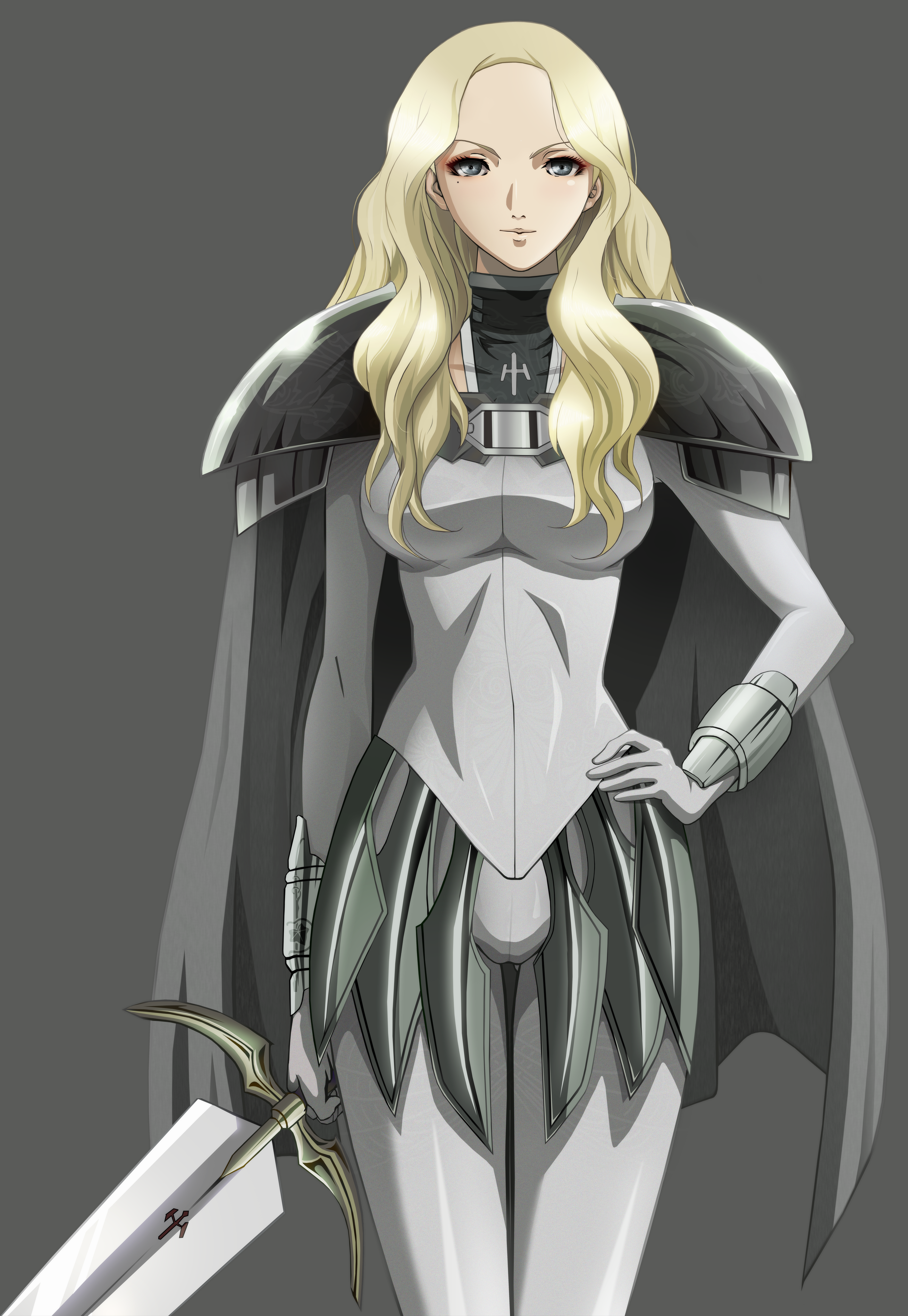 robingi, teresa, claymore (series), absurdres, highres, 00s, armor, blonde hair, cape, claymore (sword), grey eyes, long hair, solo, sword, weapon