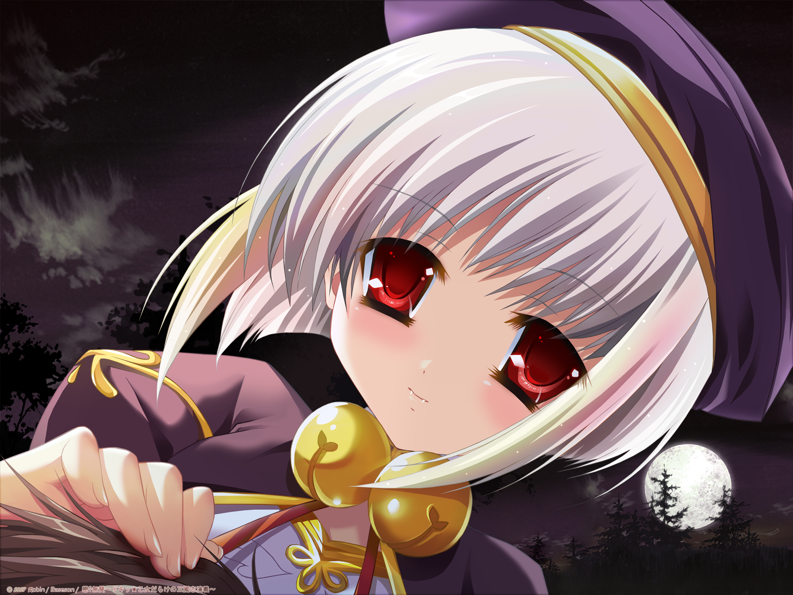 robingi, shokatsuryou (koihime musou), koihime musou, highres, 00s, albino, bell, blush, fangs, forest, full moon, hat, jingle bell, moon, nature, night, red eyes, short hair, solo, white hair