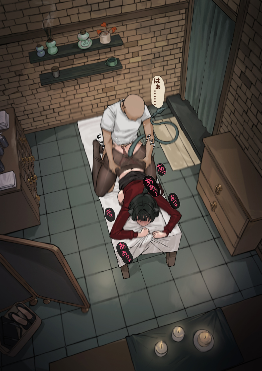frozen spider lily, jane doe (zenless zone zero), zenless zone zero, highres, paid reward available, 1boy, 1girl, all fours, animal ears, bed sheet, black hair, black panties, black pantyhose, black shoes, black skirt, breasts, clothing aside, fixed-point camera, gradient hair, hetero, high heels, indoors, large breasts, long hair, massage table, mouse ears, mouse girl, mouse tail, multicolored hair, panties, panties aside, pantyhose, pencil skirt, red hair, red shirt, sex, sex from behind, sheet grab, shirt, shoes, skirt, solo, speech bubble, tail, tile floor, tiles, torn clothes, torn pantyhose, two-tone hair, underwear