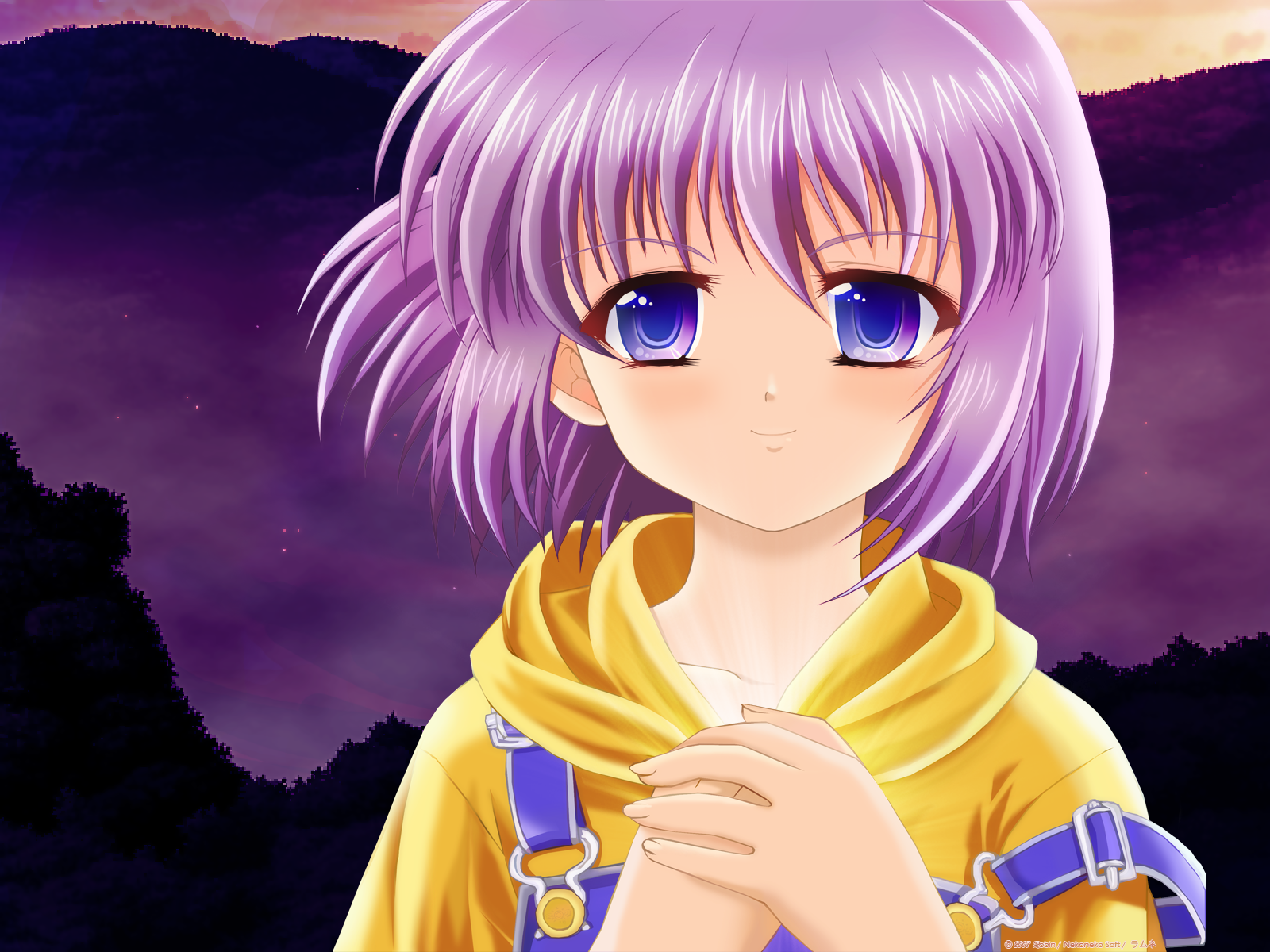 robingi, konoe nanami, lamune, highres, 00s, 1girl, blue eyes, blush, female focus, forest, nature, night, purple hair, short hair, smile, solo, star (symbol)
