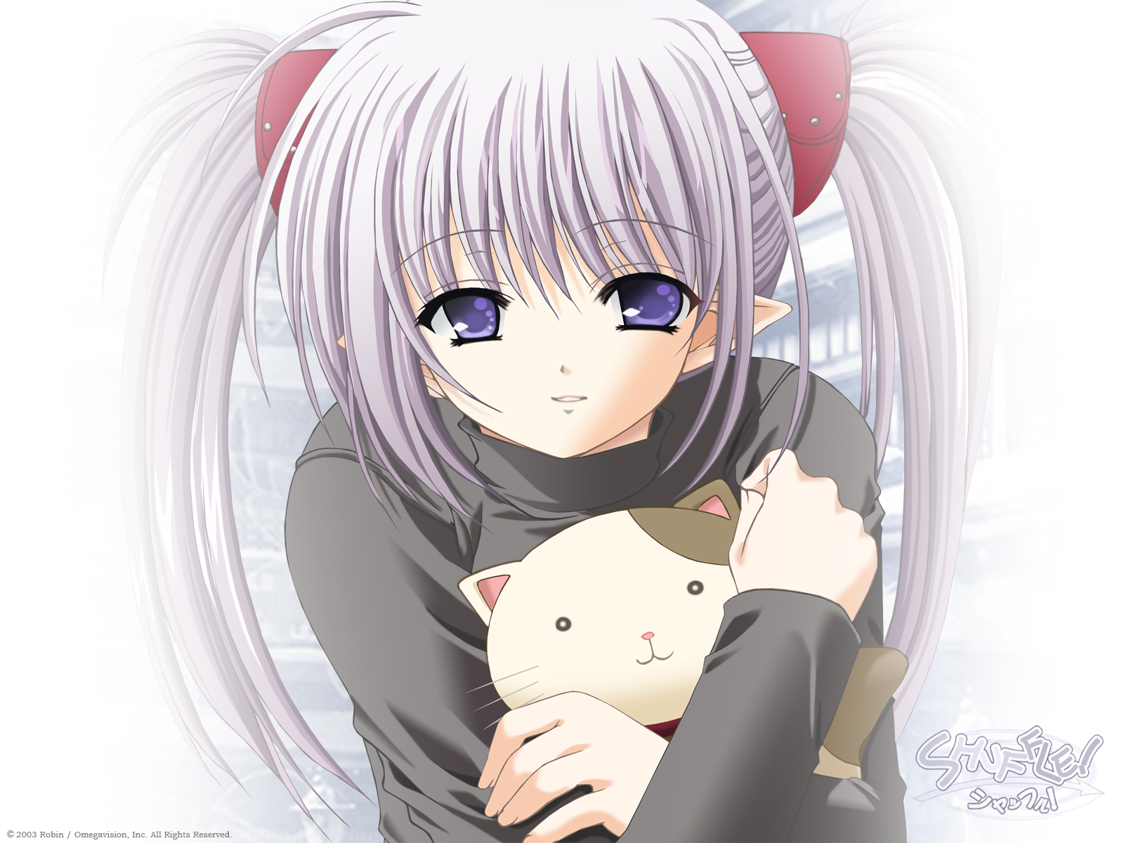 nishimata aoi, robingi, primula, shuffle!, silver hair, derivative work, highres, vector trace, 00s, 1girl, cat, female focus, long hair, pointy ears, solo, stuffed animal, stuffed cat, stuffed toy, twintails