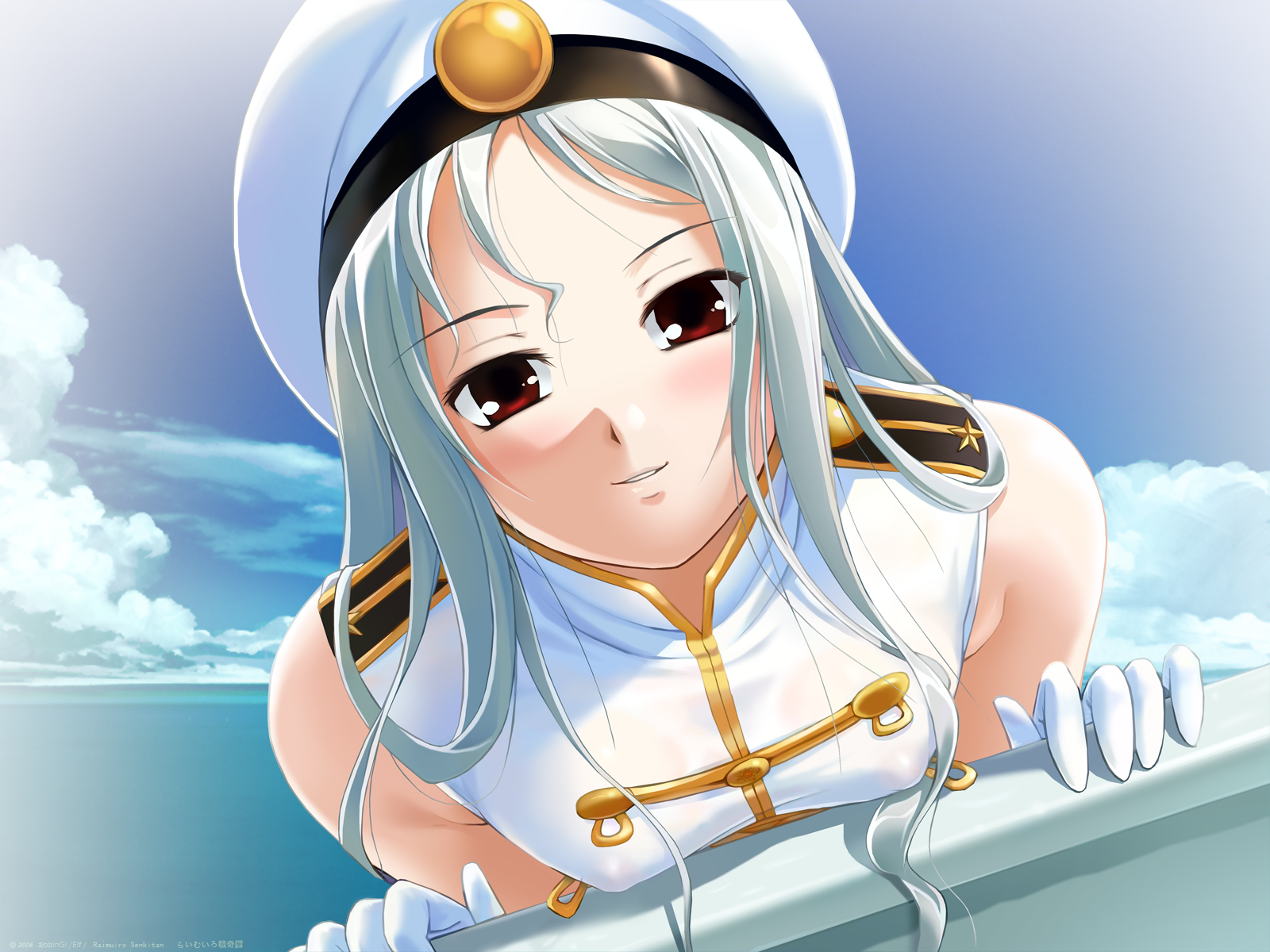 honda naoki, robingi, kuki-sama, lime-iro senkitan, silver hair, highres, 1girl, bare shoulders, beret, blush, breasts, close-up, cloud, covered erect nipples, day, female focus, gloves, hat, long hair, looking at viewer, military, military uniform, nipples, no bra, ocean, red eyes, see-through clothes, sky, sleeveless, small breasts, smile, solo, water, white gloves
