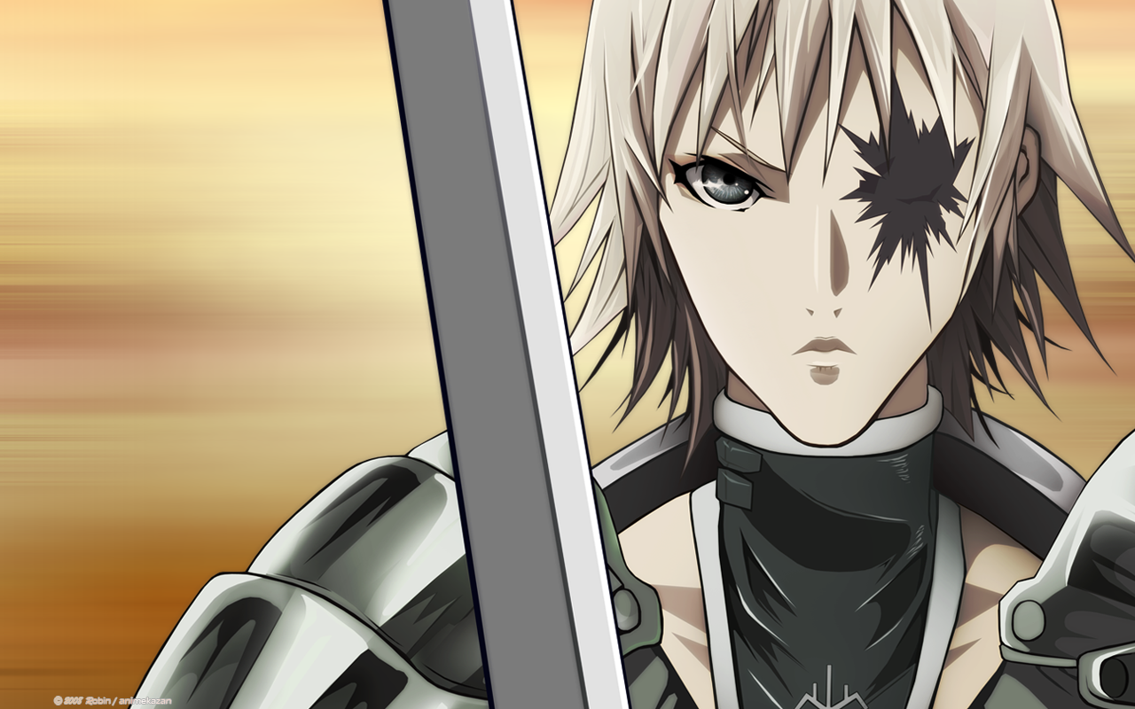 robingi, rafaela, claymore (series), derivative work, vector trace, 00s, 1girl, armor, blonde hair, claymore (sword), female focus, grey eyes, one-eyed, raphaela, scar, scar across eye, scar on face, short hair, solo, sword, weapon
