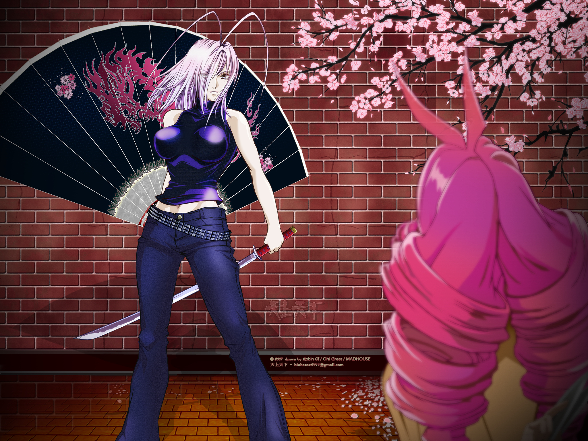robingi, isuzu emi, natsume maya, tenjou tenge, highres, 2girls, antenna hair, bare shoulders, belt, blue eyes, cherry blossoms, denim, dragon, drill hair, dual wielding, hair over one eye, hand fan, holding, jeans, long hair, midriff, multiple girls, navel, pants, petals, pink hair, purple hair, sleeveless, sleeveless turtleneck, smile, sword, tree, turtleneck, weapon