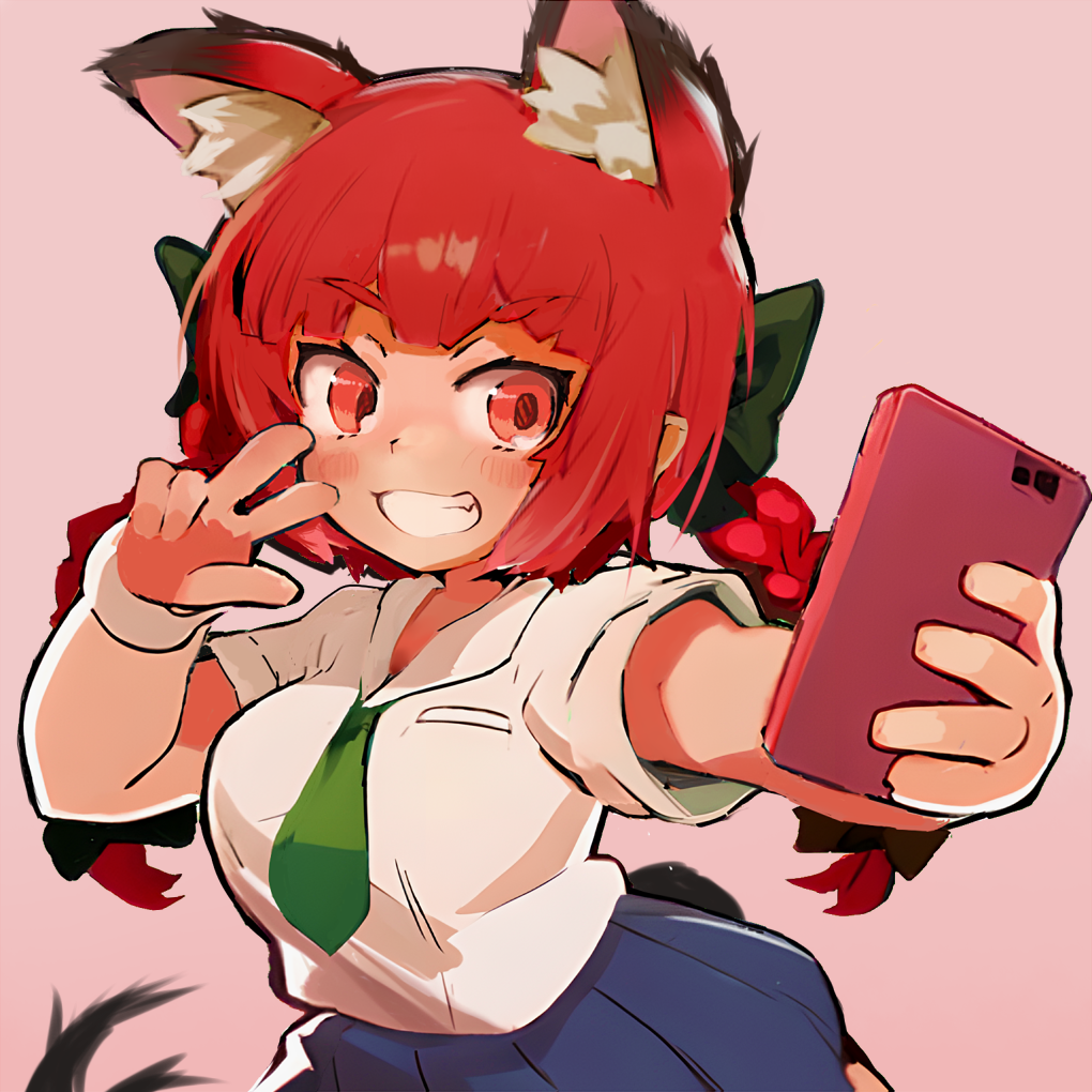 yoshiyuki (14330975), kaenbyou rin, touhou, commentary request, revision, 1girl, alternate costume, animal ear fluff, animal ears, blue skirt, blunt bangs, blush, braid, breasts, cat ears, cellphone, extra ears, foreshortening, green necktie, grey background, grin, hair ribbon, hand up, holding, holding phone, large breasts, long hair, looking at phone, necktie, outstretched arm, phone, pleated skirt, pointy ears, red eyes, red hair, ribbon, school uniform, selfie, shirt, short sleeves, simple background, skirt, smartphone, smile, solo, tail, tress ribbon, twin braids, v-shaped eyebrows, very long hair, w, white shirt, wristband
