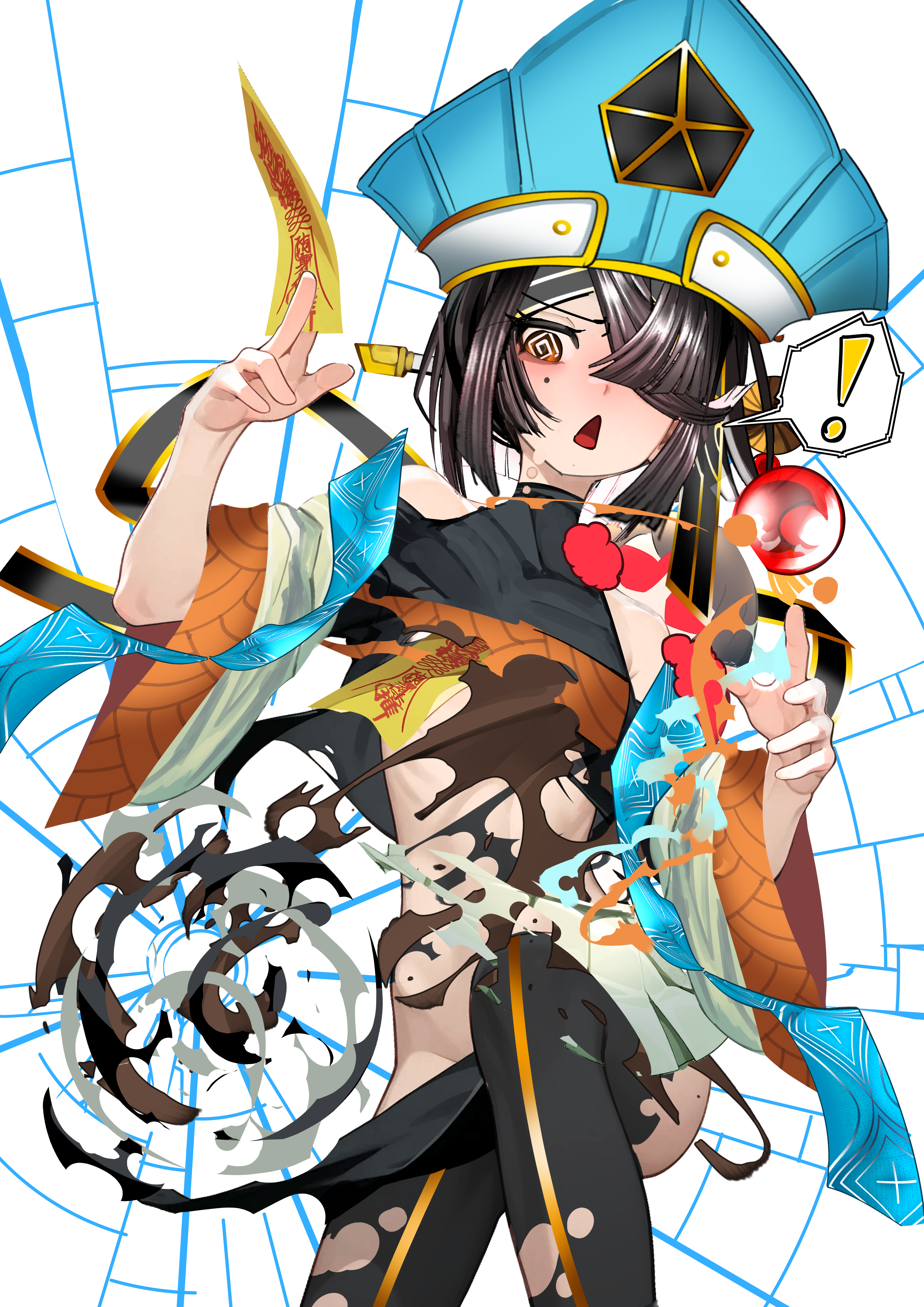 kitsunebi44410, xu fu (fate), xu fu (first ascension) (fate), fate/grand order, fate (series), absurdres, highres, !, 1girl, @ @, bare shoulders, black hair, blue hat, blush, breasts, brown eyes, chinese clothes, hair ornament, hair over one eye, hair stick, hat, long sleeves, looking at viewer, mole, mole under eye, ofuda, open mouth, robe, short hair, small breasts, solo, torn clothes, white robe, wide sleeves