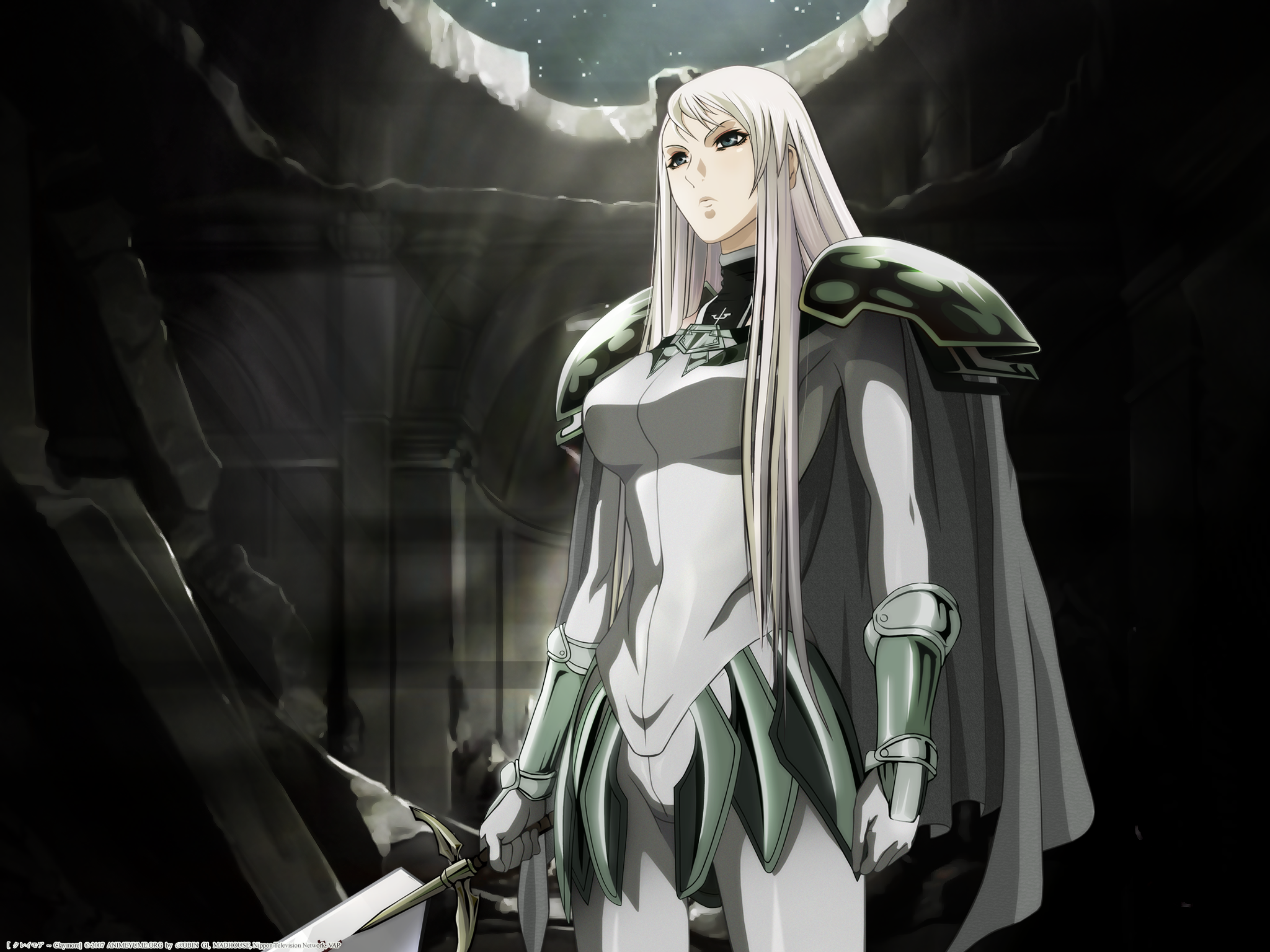 robingi, galatea, claymore (series), highres, 00s, 1girl, claymore (sword), female focus, solo, sword, weapon, white hair