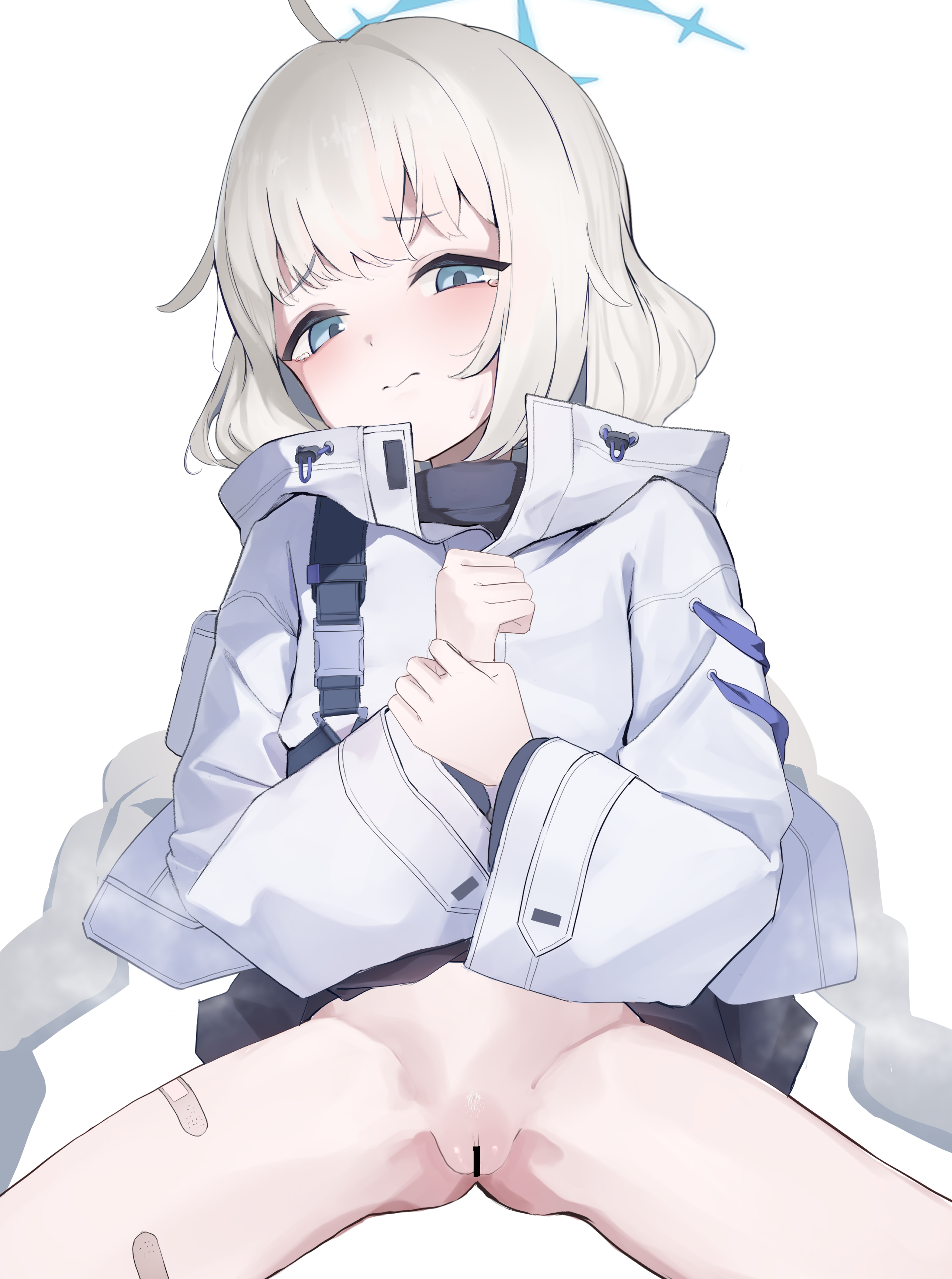 diu1, maia (blue archive), blue archive, absurdres, highres, 1girl, bandaid, bar censor, blue eyes, blush, censored, closed mouth, halo, jacket, long hair, looking at viewer, pussy, simple background, solo, white background, white jacket
