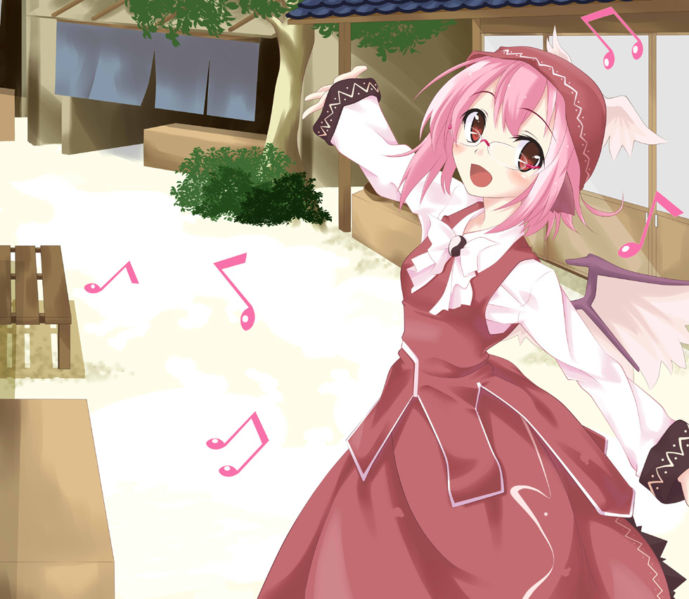 ogami kazuki, mystia lorelei, touhou, bad id, bad pixiv id, 1girl, animal ears, beamed quavers, bespectacled, female focus, glasses, music, musical note, pink hair, quaver, red-framed eyewear, red eyes, short hair, singing, solo, wings