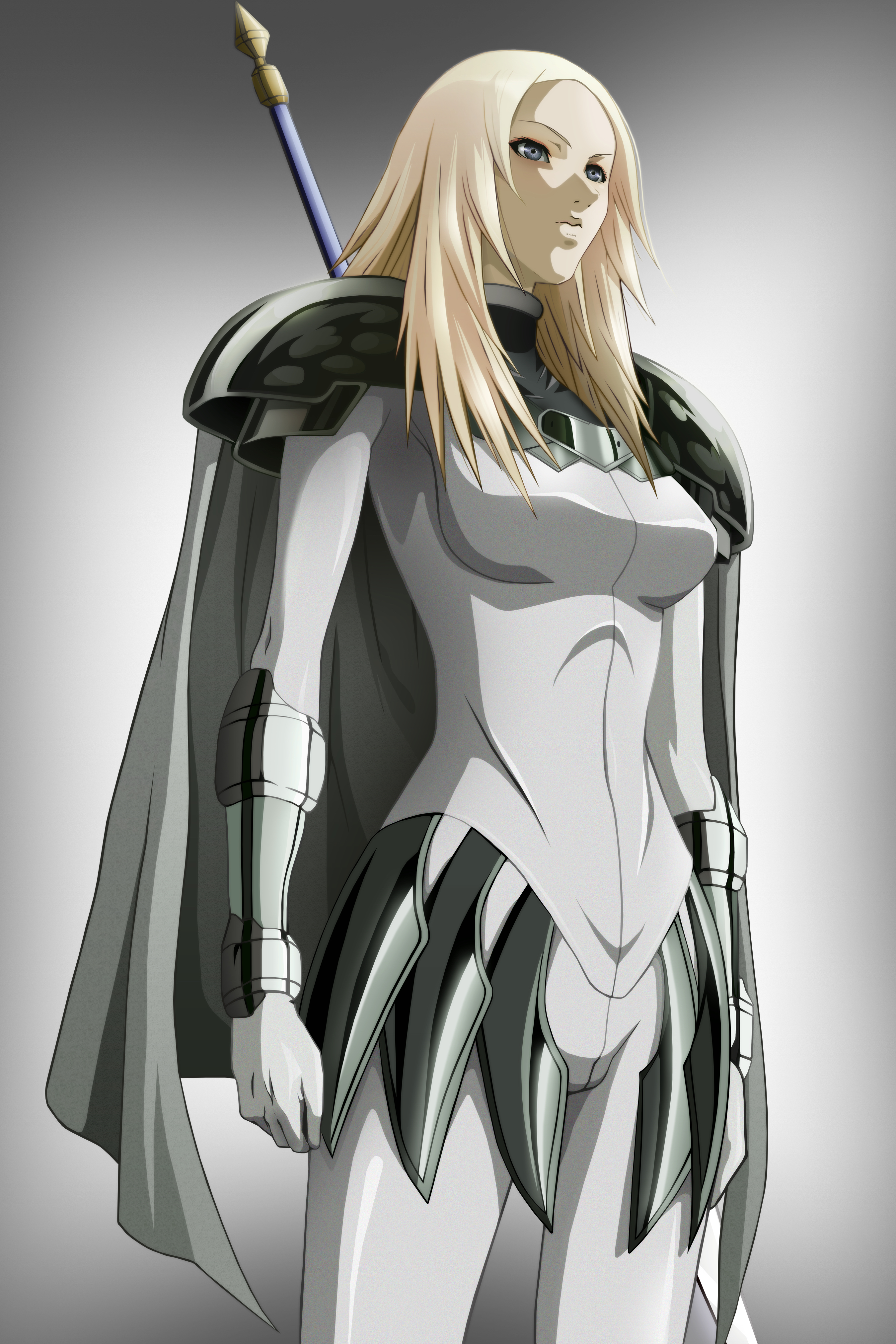 robingi, miria, claymore (series), absurdres, highres, 00s, armor, blonde hair, cape, claymore (sword), grey eyes, long hair, solo, sword, weapon