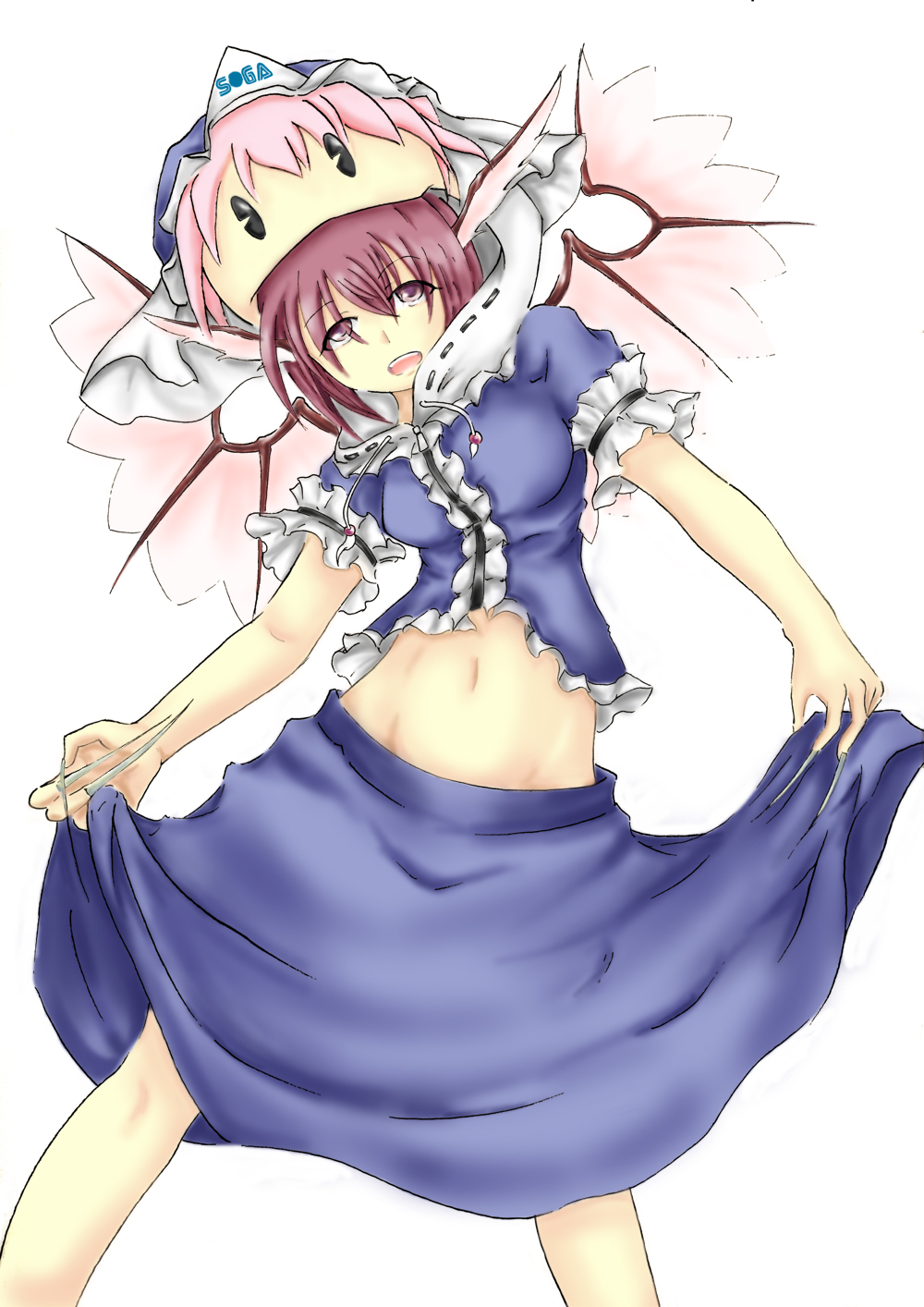 mizunoto, mystia lorelei, saigyouji yuyuko, sega, touhou, bad id, bad pixiv id, highres, 1girl, animal ears, female focus, fingernails, hood, hoodie, long fingernails, midriff, nail (hardware), purple eyes, short hair, solo, wings