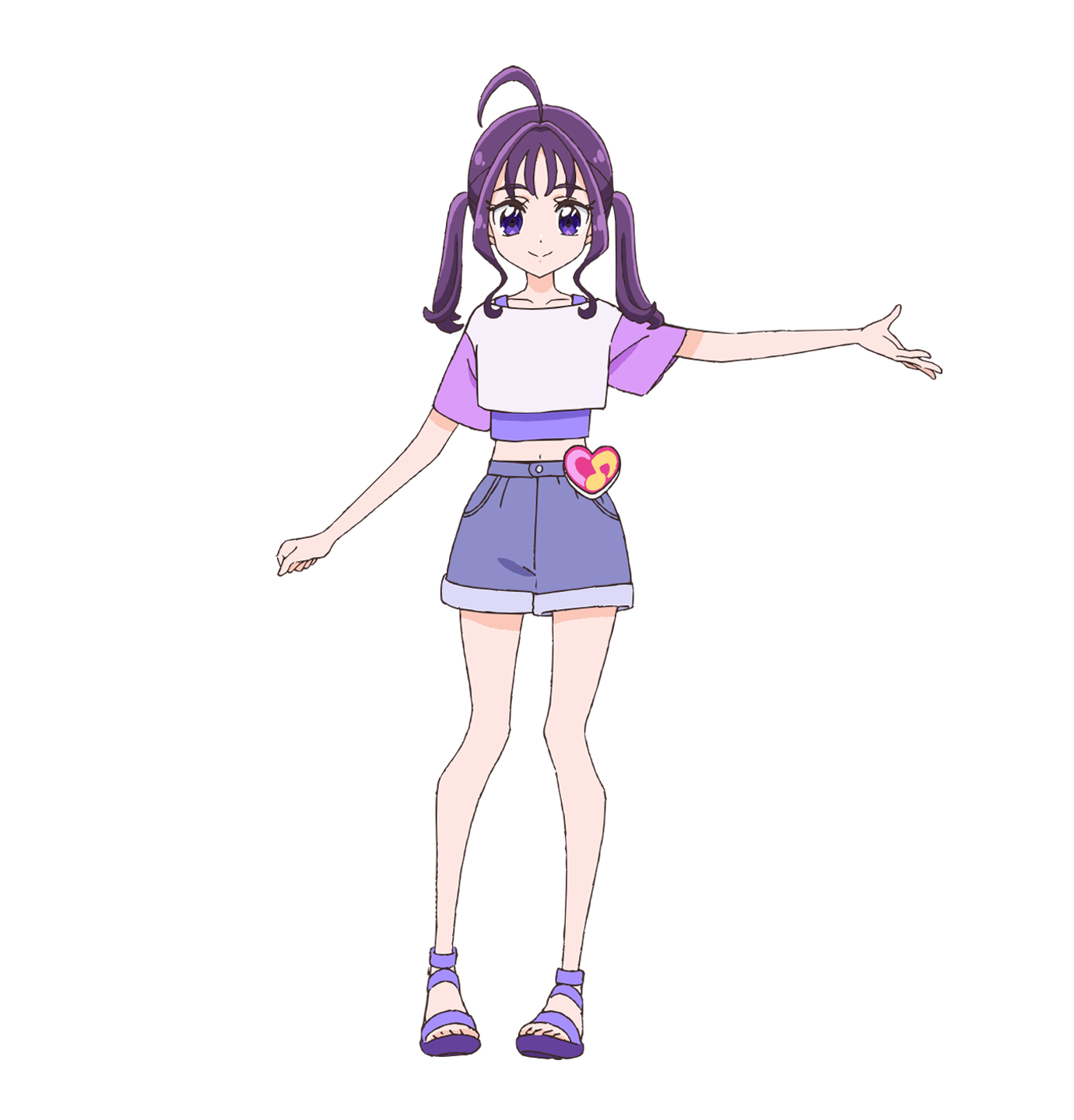 shigure kokoro, kimi to idol precure, precure, highres, official art, second-party source, 1girl, ahoge, blue shorts, closed mouth, full body, hand up, long hair, looking at viewer, midriff, outstretched arm, purple eyes, purple hair, purple shirt, purple shoes, shirt, shoes, shorts, simple background, smile, solo, standing, twintails