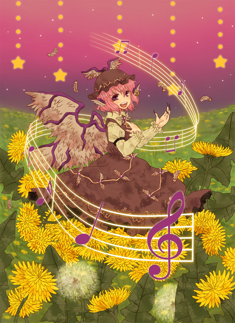 ozawa, mystia lorelei, touhou, highres, 1girl, animal ears, beamed quavers, dandelion, dandelion clock, earrings, falling feathers, feathers, female focus, flower, hat, jewelry, music, musical note, musical staff, pink hair, quaver, short hair, singing, solo, sunflower, treble clef, wings