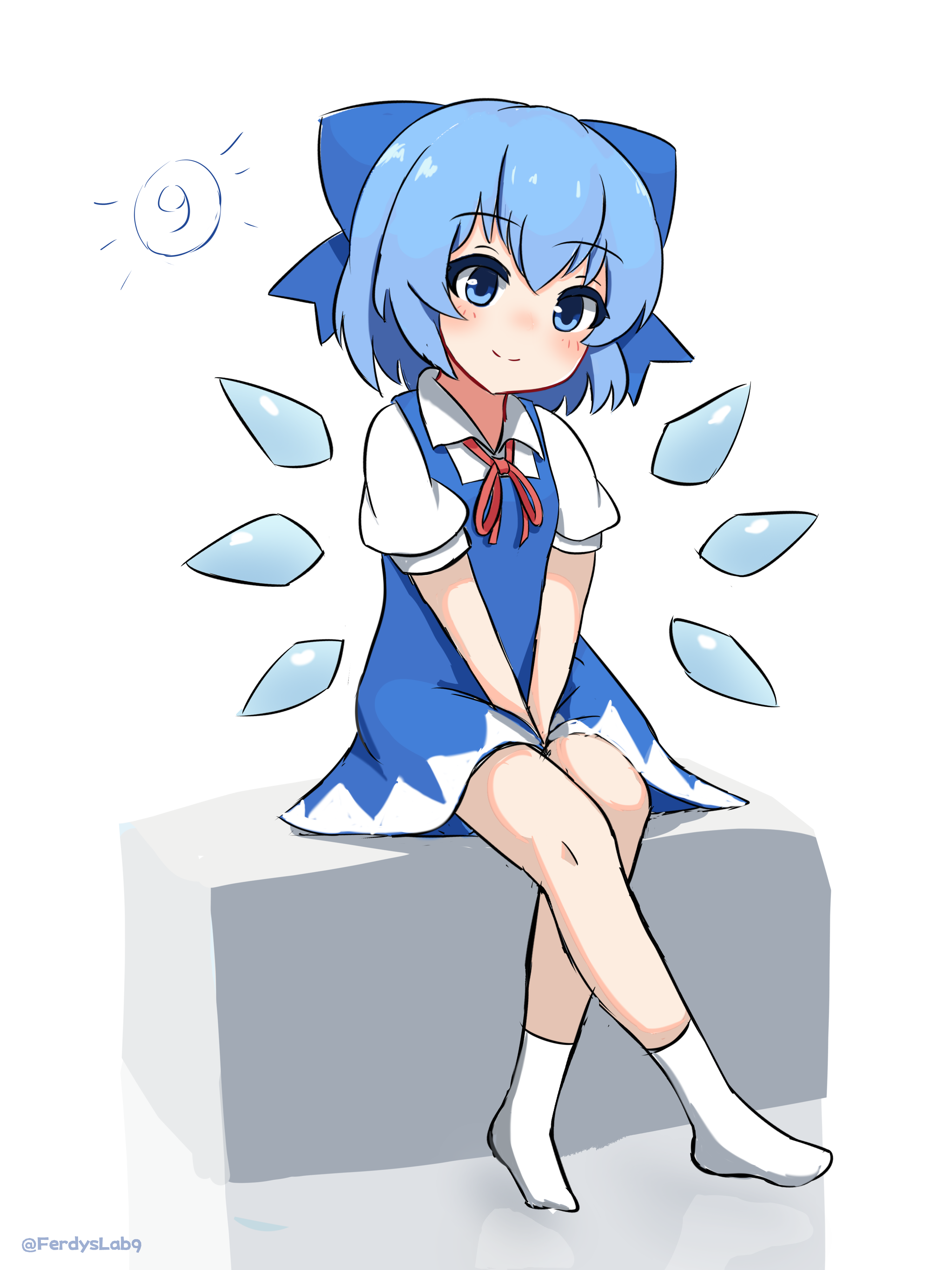 ferdy's lab, cirno, touhou, absurdres, commentary, highres, 1girl, artist name, blue bow, blue dress, blue eyes, blue hair, blush, bow, circled 9, closed mouth, dress, full body, ice, ice wings, looking at viewer, puffy short sleeves, puffy sleeves, red ribbon, ribbon, shirt, short hair, short sleeves, simple background, sitting, smile, socks, solo, twitter username, white background, white shirt, white socks, wings
