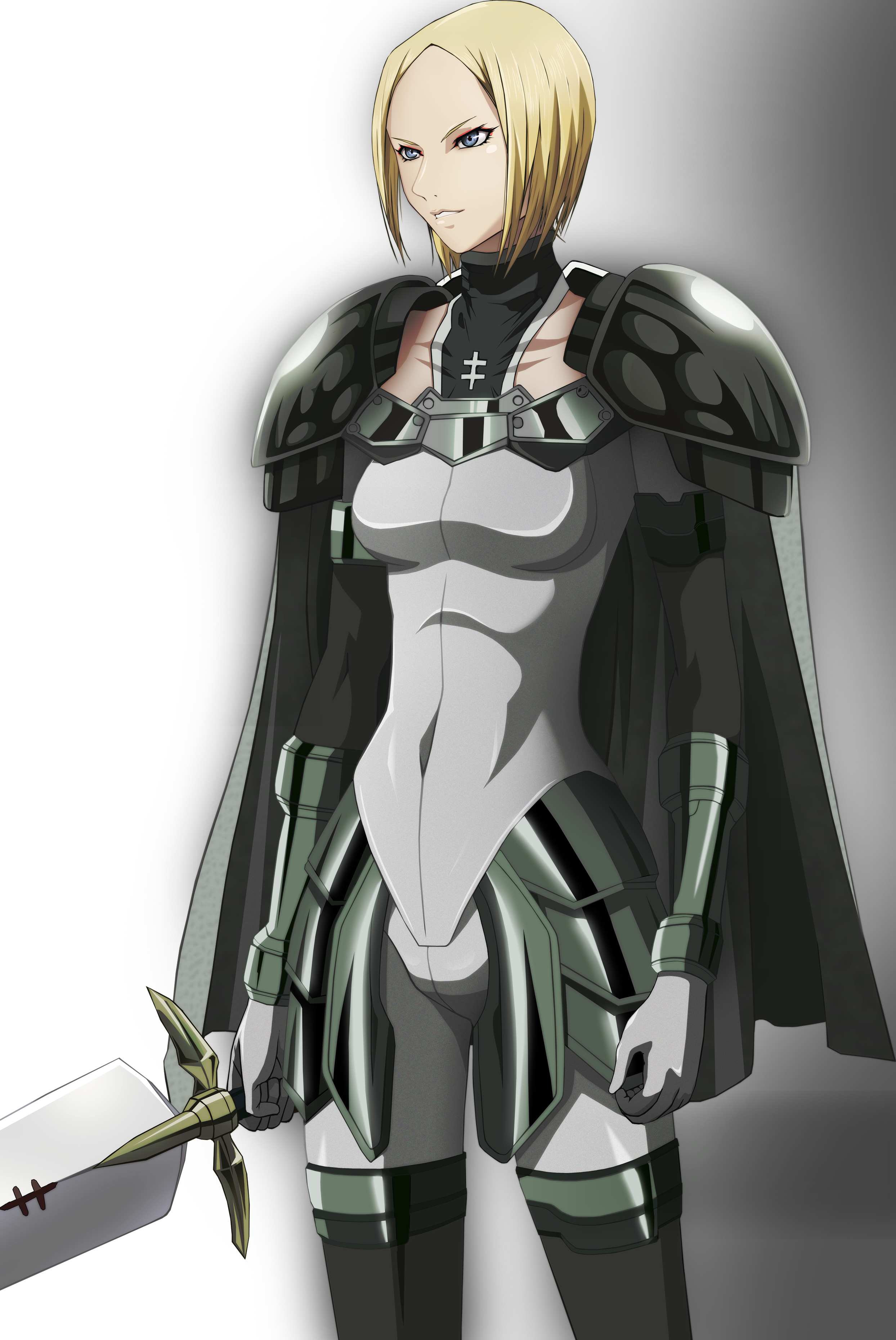 robingi, helen, claymore (series), absurdres, highres, 00s, armor, blonde hair, blue eyes, claymore (sword), short hair, solo, sword, weapon