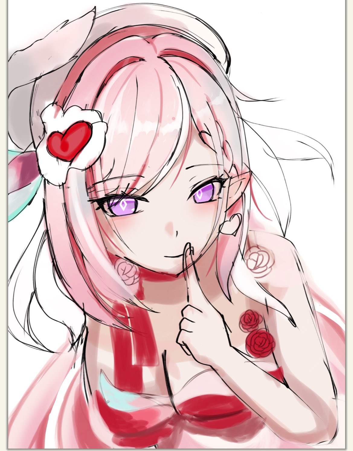 s1r0nnrii, elysia (hi love elf) (honkai impact), elysia (honkai impact), honkai (series), honkai impact 3rd, commentary request, highres, unfinished, 1girl, beret, breasts, cleavage, diamond-shaped pupils, diamond (shape), dress, earrings, elf, hat, heart, heart earrings, jewelry, large breasts, long hair, looking at viewer, multicolored hair, pink hair, pointy ears, purple eyes, red dress, simple background, solo, symbol-shaped pupils, two-tone hair, upper body, very long hair, white background, white hair