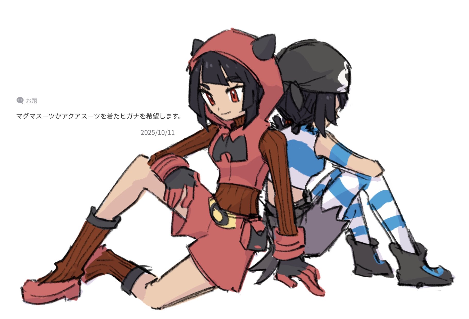 xlii idk, team aqua grunt, team magma grunt, zinnia (pokemon), nintendo, pokemon, pokemon oras, commentary request, highres, translation request, 2girls, armband, back-to-back, bandana, black hair, black shoes, closed mouth, cosplay, dated, eyelashes, fake horns, gloves, grey shorts, hood, hood up, horns, looking down, multiple girls, pantyhose, red eyes, shirt, shoes, shorts, sitting, sleeveless, sleeveless shirt, smile, striped clothes, striped pantyhose, team aqua, team aqua grunt (cosplay), team aqua uniform, team magma, team magma grunt (cosplay), team magma uniform, white background