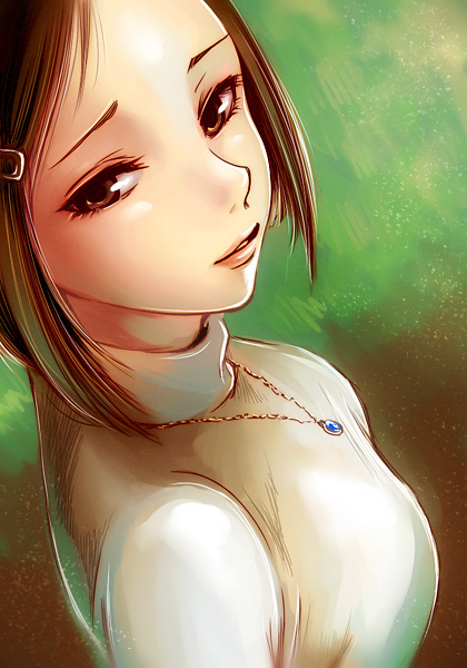 kida sukizou, lilysick, ozawa yumi, atlus, megami tensei, persona, persona 4, shin megami tensei, 1girl, brown eyes, brown hair, female focus, jewelry, necklace, solo, turtleneck