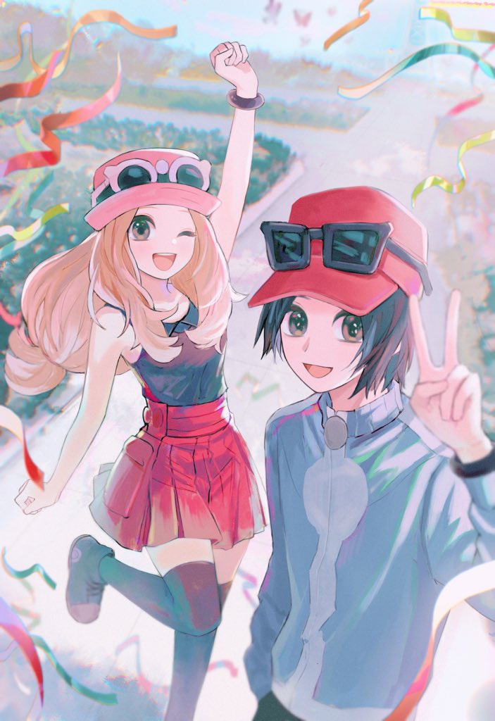 tyou08665851, calem (pokemon), serena (pokemon), nintendo, pokemon, pokemon xy, commentary, 1boy, 1girl, :d, arm up, black hair, blue jacket, blurry, bracelet, collared shirt, confetti, day, depth of field, eyewear on headwear, happy, hat, jacket, jewelry, leg up, long sleeves, open mouth, outdoors, pink hat, pleated skirt, red hat, red skirt, shirt, shoes, skirt, sleeveless, sleeveless shirt, smile, standing, sunglasses, thighhighs