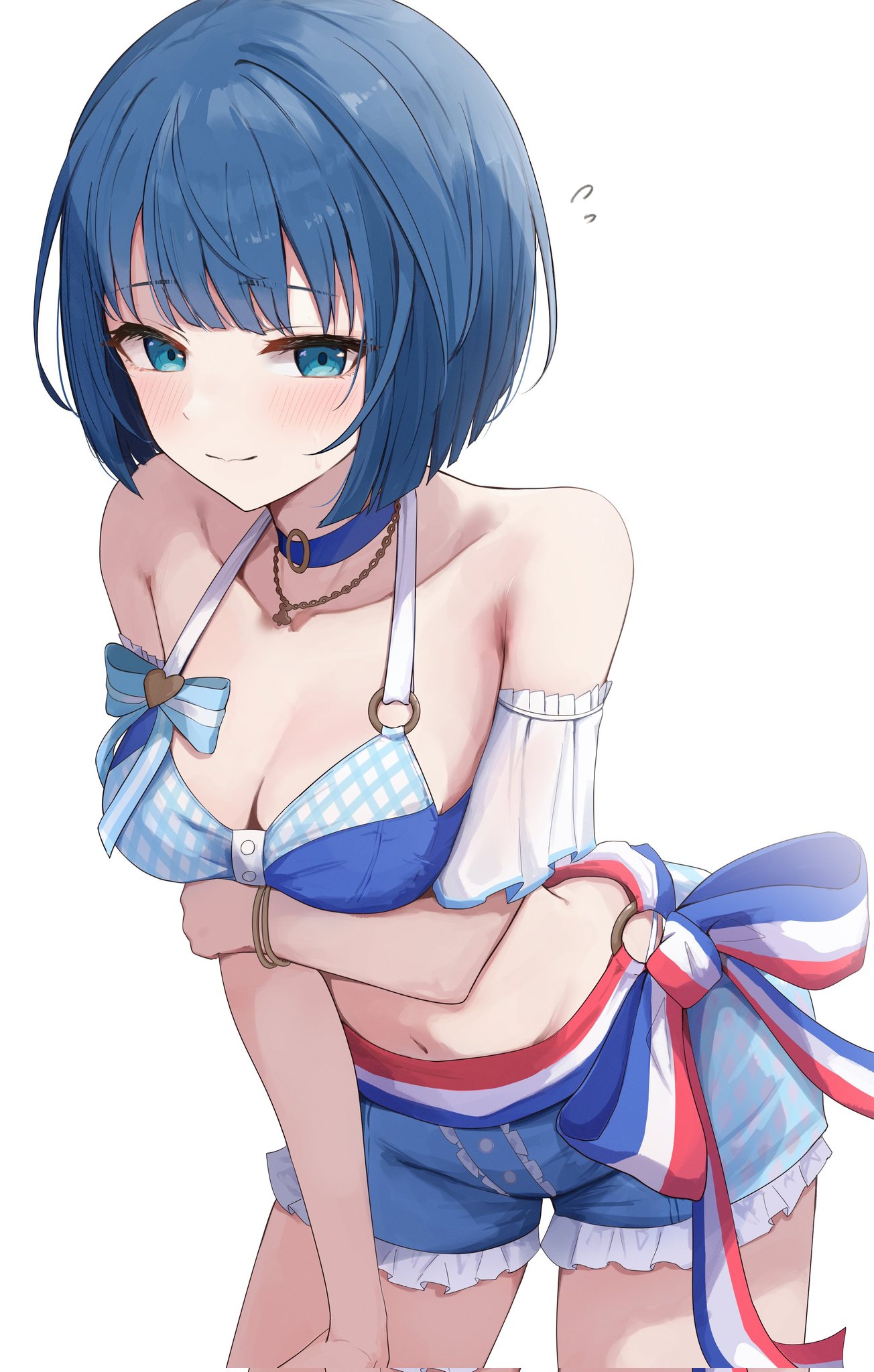 kunizaki, kiritani haruka, project sekai, commentary, corrupted twitter file, highres, 1girl, aozora no saki kagayaki wo oikakete (project sekai), arm cuffs, arm under breasts, bare shoulders, bikini, bikini bottom under shorts, bikini under clothes, blue bow, blue choker, blue eyes, blue hair, blue shorts, blunt bangs, blush, bob cut, bow, bracelet, breasts, choker, cleavage, closed mouth, collarbone, cowboy shot, flying sweatdrops, frilled shorts, frills, halterneck, holding own arm, jewelry, leaning forward, looking at viewer, medium breasts, navel, necklace, o-ring, o-ring bikini, official alternate costume, short hair, short shorts, shorts, sidelocks, simple background, smile, solo, standing, stomach, striped bow, swimsuit, white background