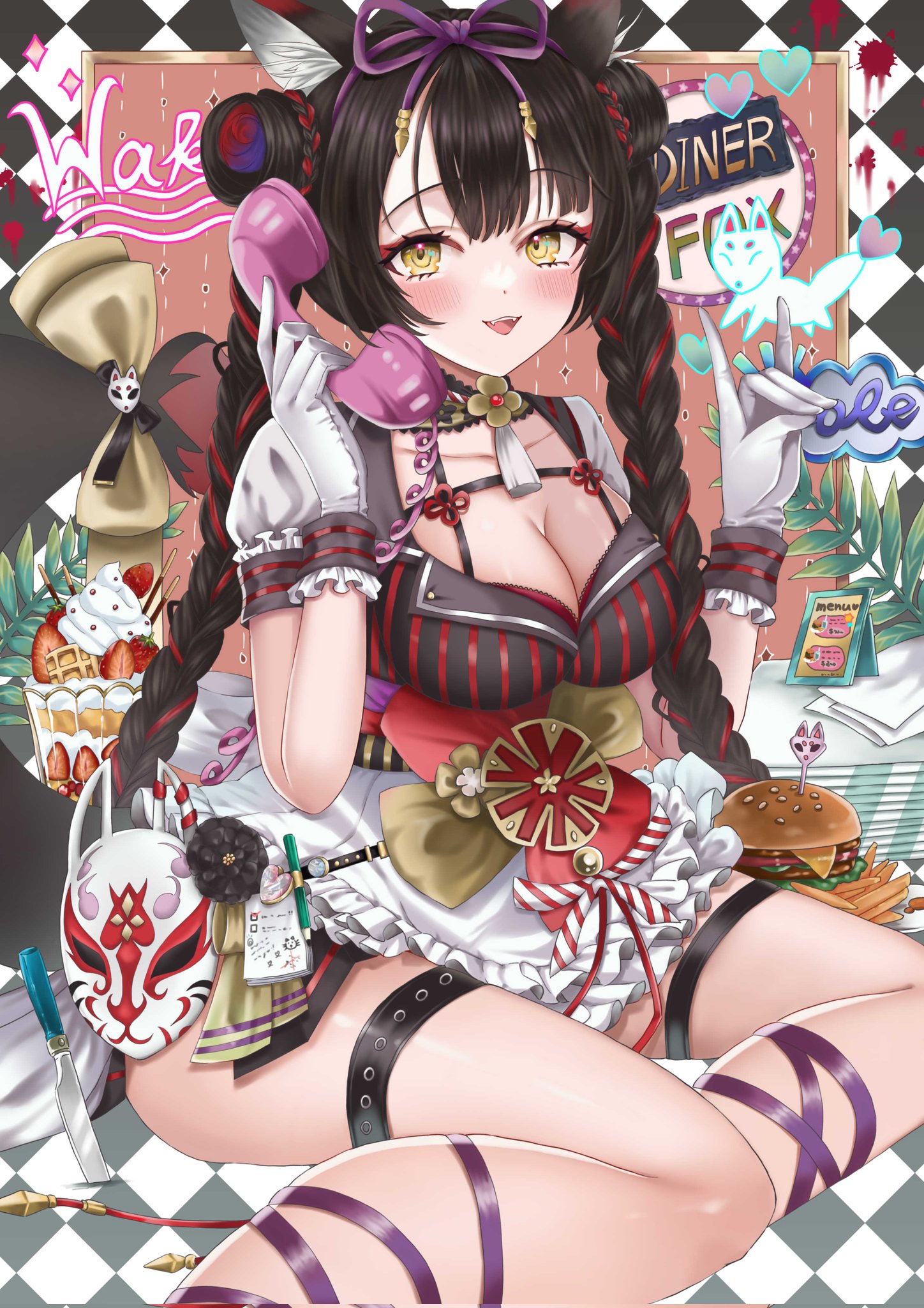 aee 020817, wakamo (blue archive), blue archive, corrupted twitter file, highres, 1girl, alternate costume, alternate hairstyle, animal ear fluff, animal ears, apron, black hair, black shirt, blush, braid, breasts, cleavage, dessert, double bun, fangs, food, fox ears, fox girl, from side, gloves, hair bun, holding, holding phone, large breasts, long hair, looking at viewer, maid apron, multicolored hair, no pants, open mouth, phone, red hair, shirt, short sleeves, solo, teeth, thigh strap, twin braids, two-tone hair, upper teeth only, white gloves, white sleeves, yellow eyes