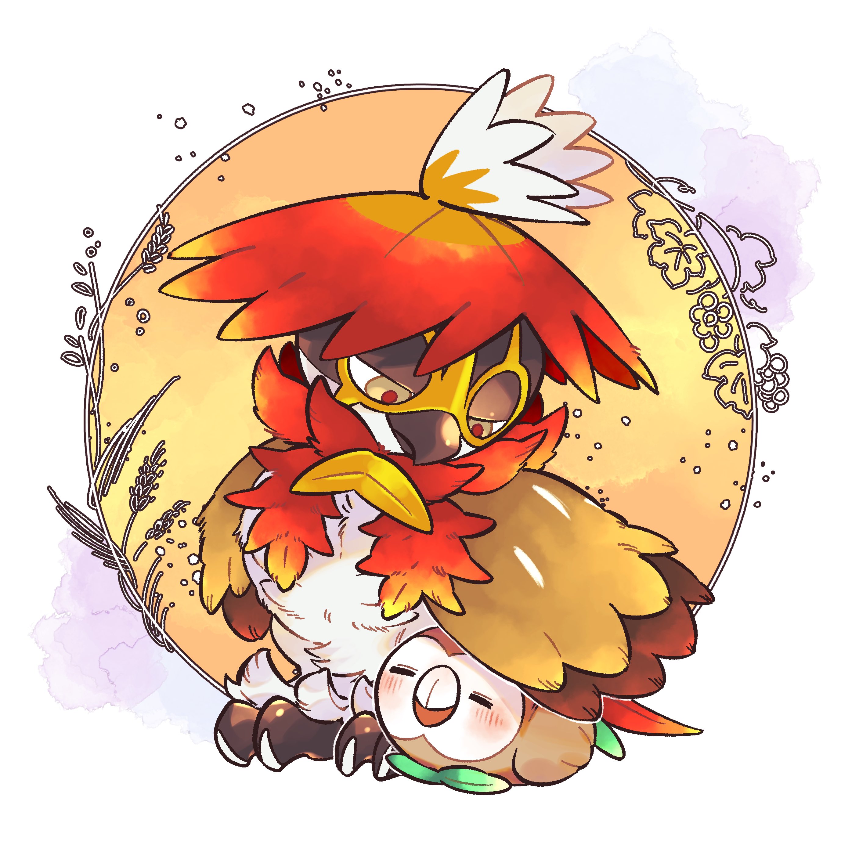 pkpokopoko3, hisuian decidueye, rowlet, nintendo, pokemon, absurdres, commentary request, highres, blush, brown eyes, closed eyes, closed mouth, gen 7 pokemon, half-closed eyes, looking down, no humans, pokemon (creature), pokemon focus, red pupils