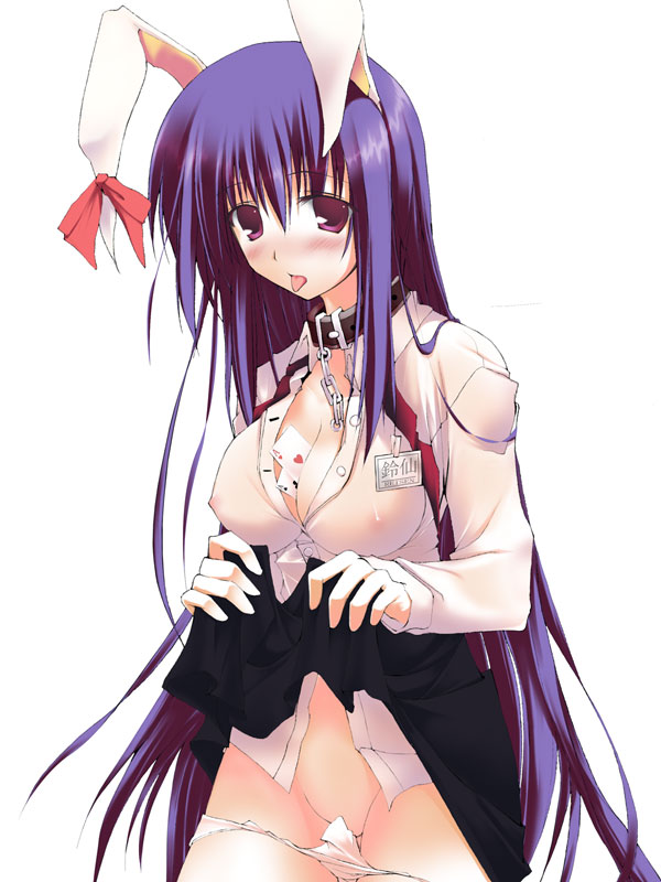 gisyo, reisen udongein inaba, touhou, bad id, bad pixiv id, 1girl, animal ears, between breasts, blush, breasts, card, card between breasts, cleavage, clothes lift, collar, female focus, large breasts, long hair, panties, panty pull, purple eyes, purple hair, rabbit ears, see-through clothes, simple background, skirt, skirt lift, solo, tongue, underwear, very long hair, white background