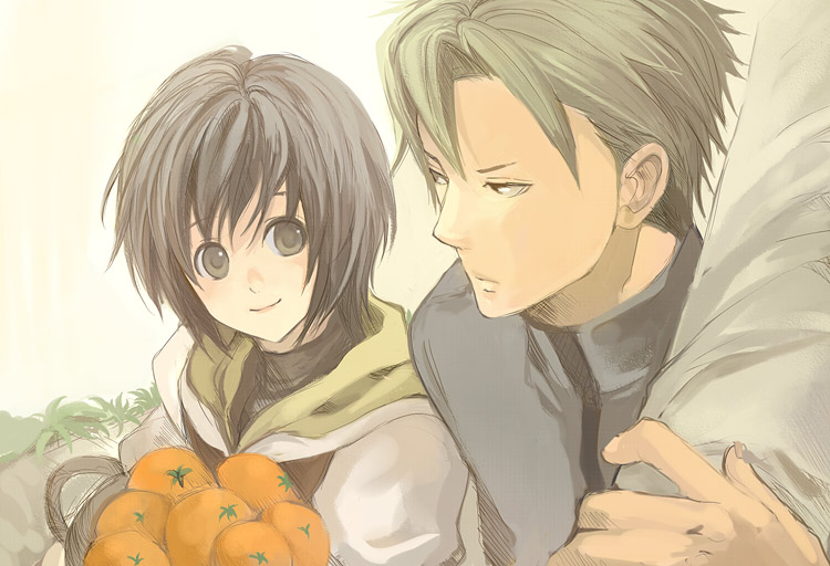 hanakago, aran (fire emblem), laura (fire emblem), fire emblem, fire emblem: radiant dawn, nintendo, 1boy, 1girl, black eyes, black hair, green hair, short hair, smile