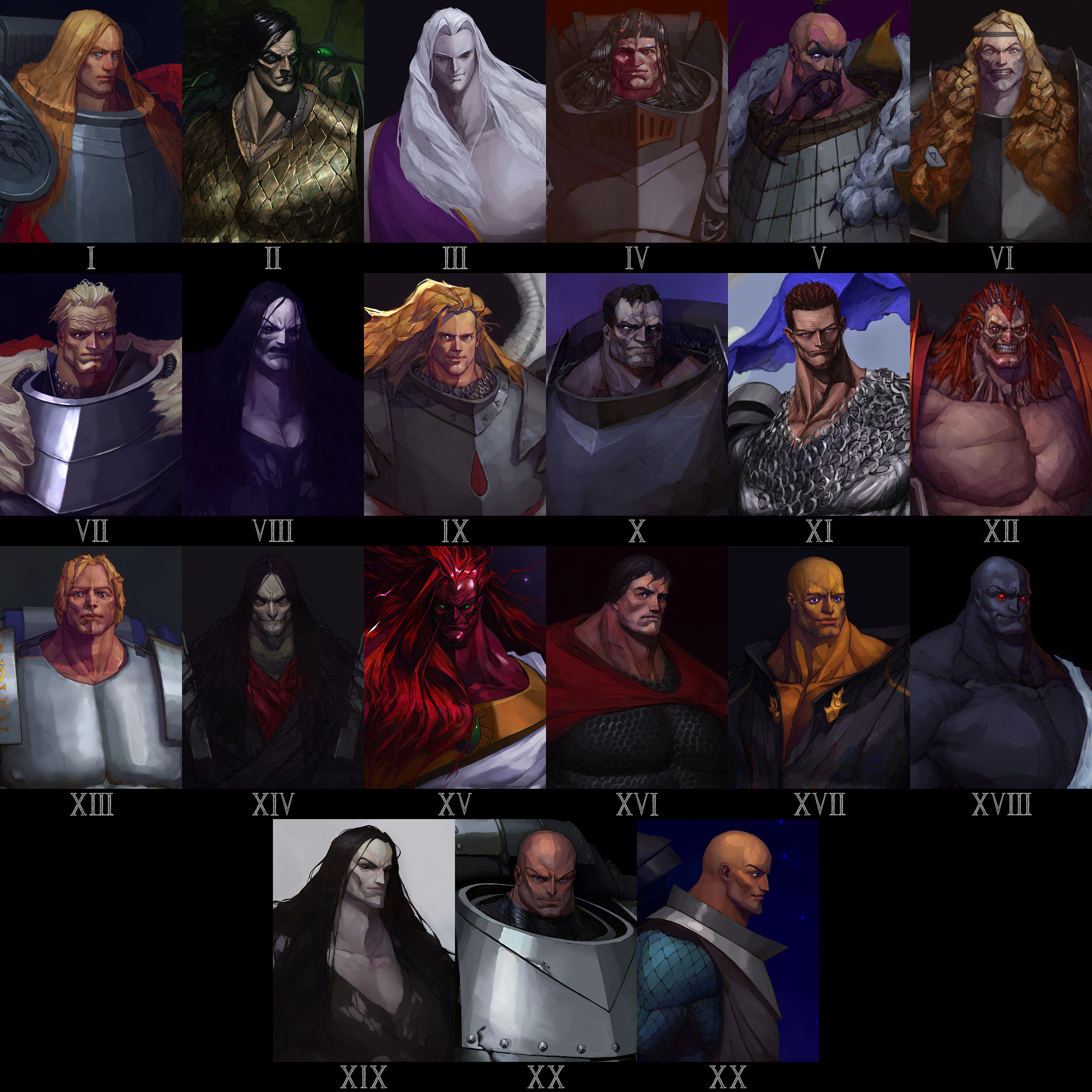 potoq, angron, ferrus manus, fulgrim, horus lupercal, jaghatai khan, konrad curze, leman russ, lion el'jonson, lorgar aurelian, magnus the red, mortarion, perturabo, roboute guilliman, rogal dorn, sanguinius, vulkan, warhammer 40k, absurdres, commentary, english commentary, highres, 6+boys, alpharius, armor, bald, beard, black eyes, black hair, black sclera, black skin, blonde hair, blue eyes, braid, breastplate, brothers, chainmail, colored sclera, colored skin, corvus corax (warhammer), facial hair, gem, glowing, glowing eyes, gold trim, green eyes, green gemstone, hair tubes, headband, high ponytail, long beard, long hair, looking at viewer, lost primarch, medium hair, multiple boys, omegon, pale skin, pauldrons, ponytail, power armor, primarch, red eyes, red hair, red skin, roman numeral, short hair, shoulder armor, siblings, side braids, simple background, smile, twin braids, white eyes, white hair