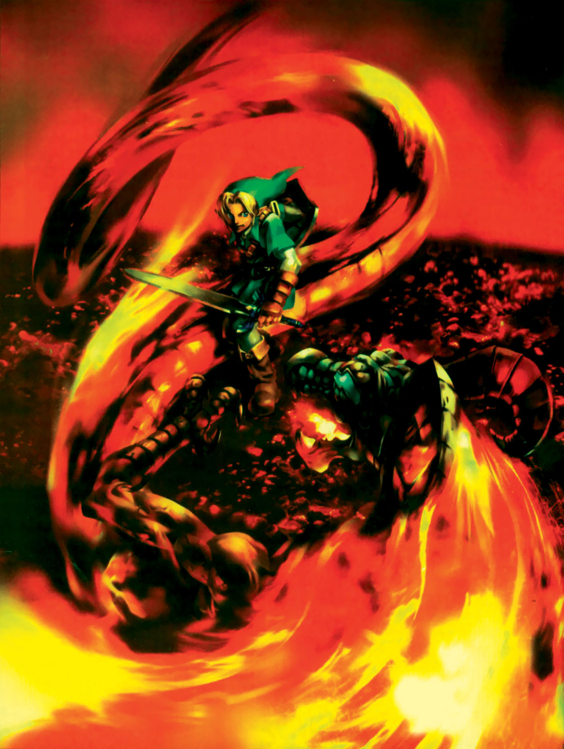 link, volvagia, nintendo, the legend of zelda, the legend of zelda: ocarina of time, highres, official art, 1boy, blonde hair, gauntlets, gloves, hat, holding, holding sword, holding weapon, male focus, master sword, pointy ears, shield, shield on back, solo, sword, weapon