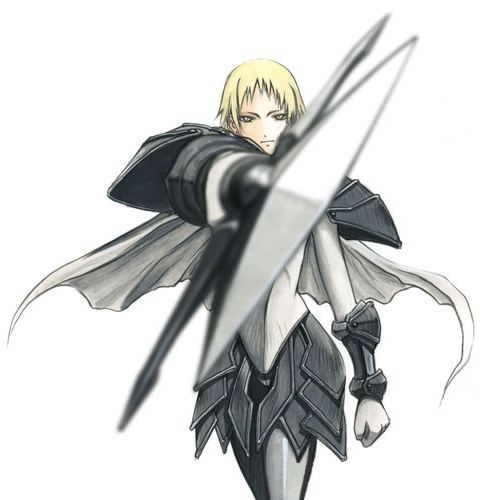 hilda (claymore), claymore (series), lowres, 00s, aiming, aiming at viewer, armor, blonde hair, blurry, cape, claymore (sword), depth of field, foreshortening, simple background, solo, sword, weapon, white background